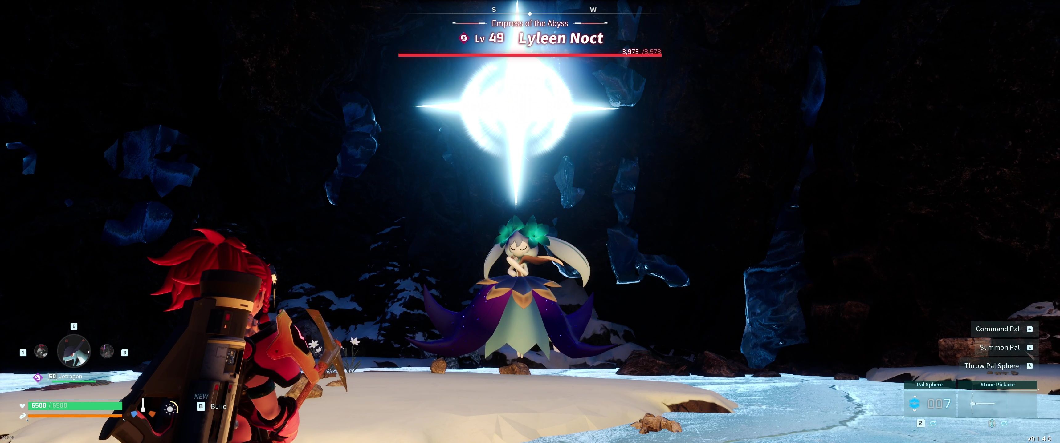 A picture of Palworld showing Alpha Boss Lyleen Noct's Blizzard Spike cue.
