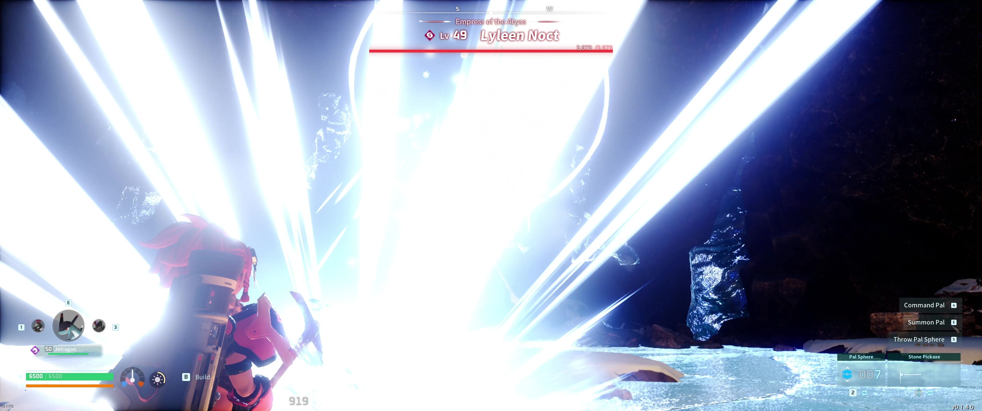 A picture of Palworld showing Alpha Boss Lyleen Noct using Blizzard Spike.