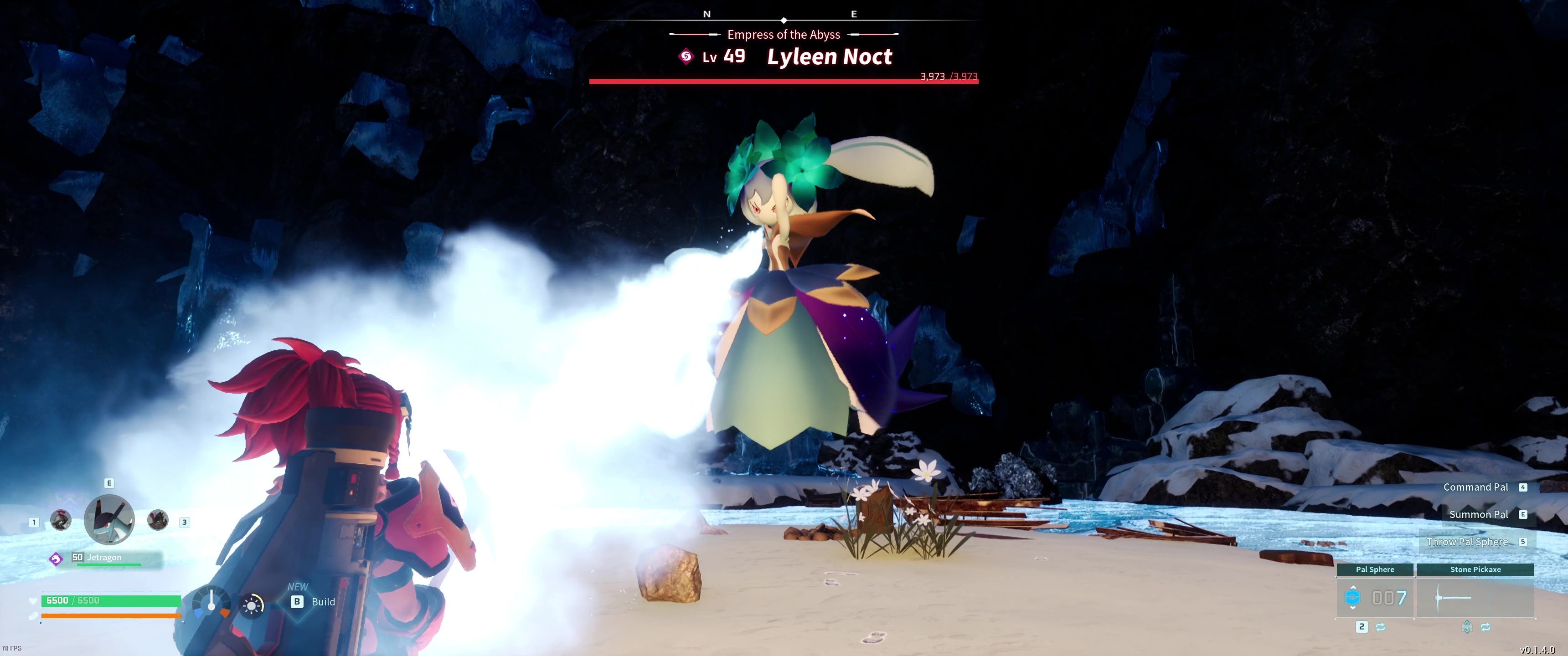 A picture of Palworld showing Alpha Boss Lyleen Noct using Cryst Breath.