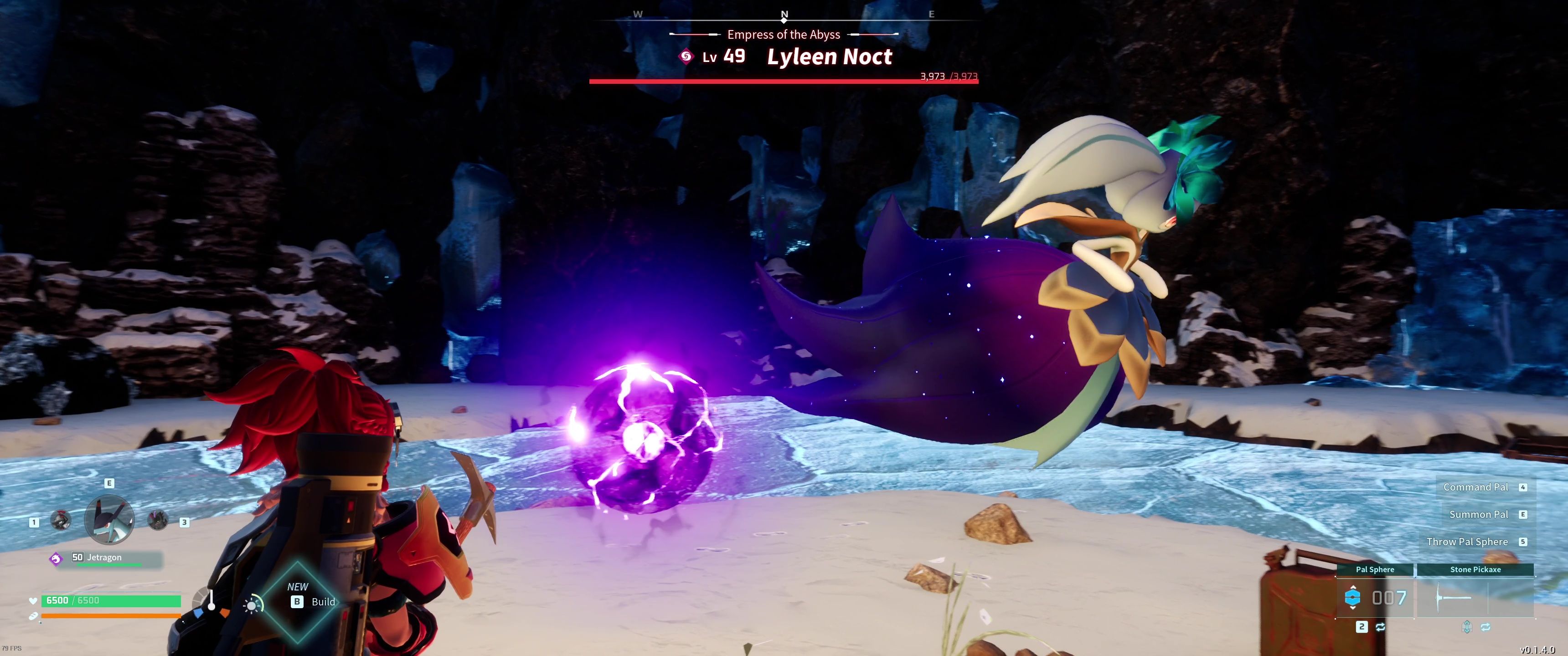 A picture of Palworld showing Alpha Boss Lyleen Noct using Dark Ball.