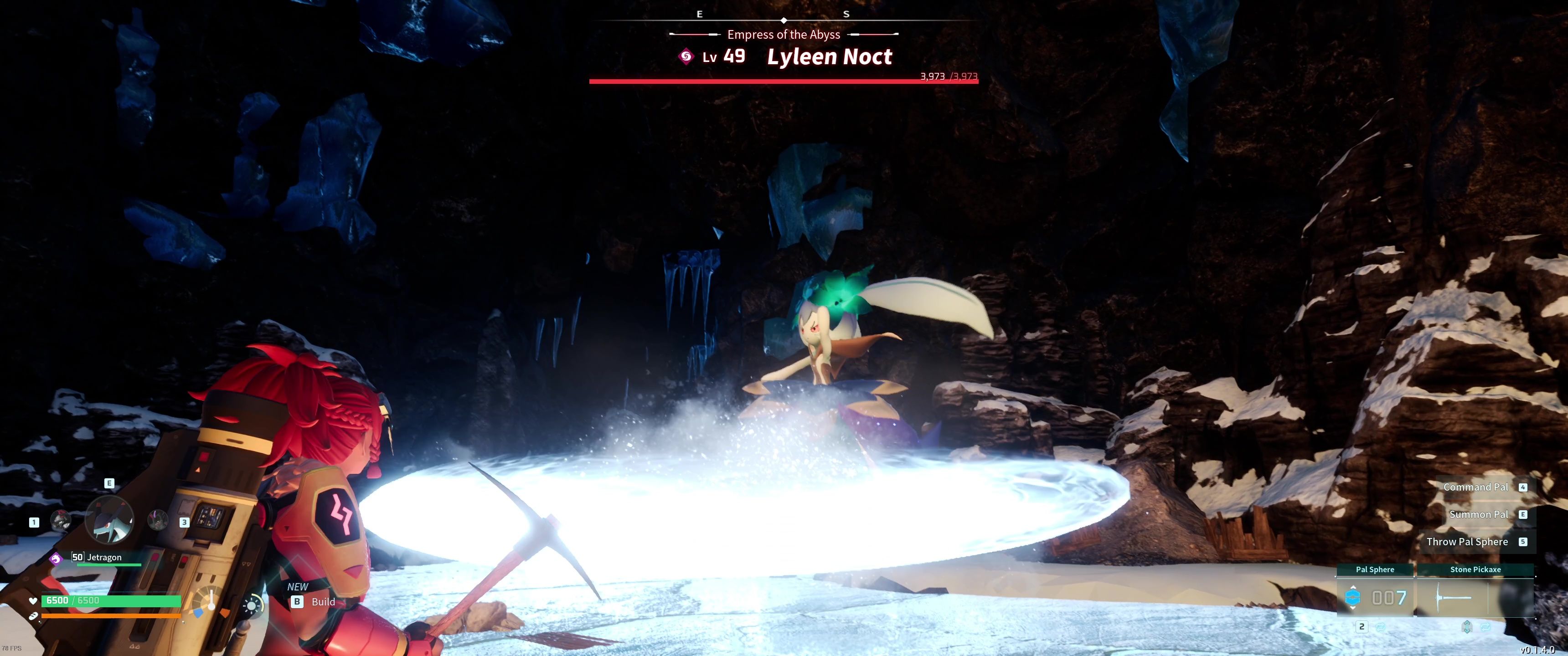 A picture of Palworld showing Alpha Boss Lyleen Noct using Icicle Cutter.