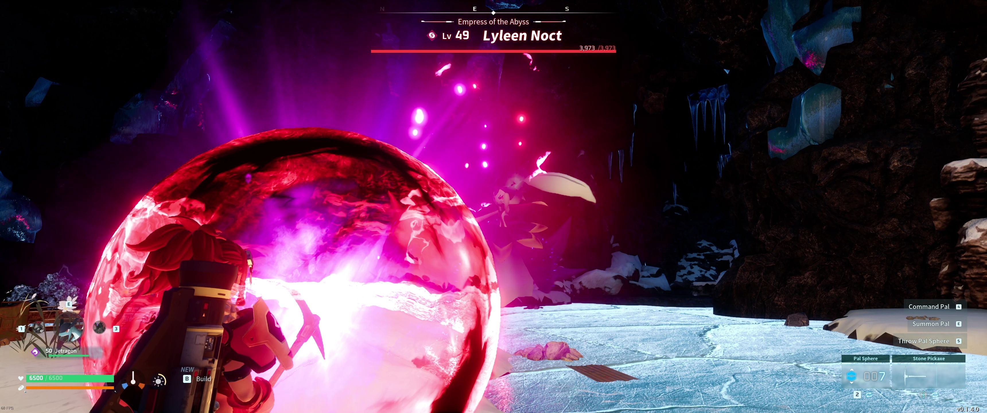 A picture of Palworld showing Alpha Boss Lyleen Noct using Nightmare Ball.