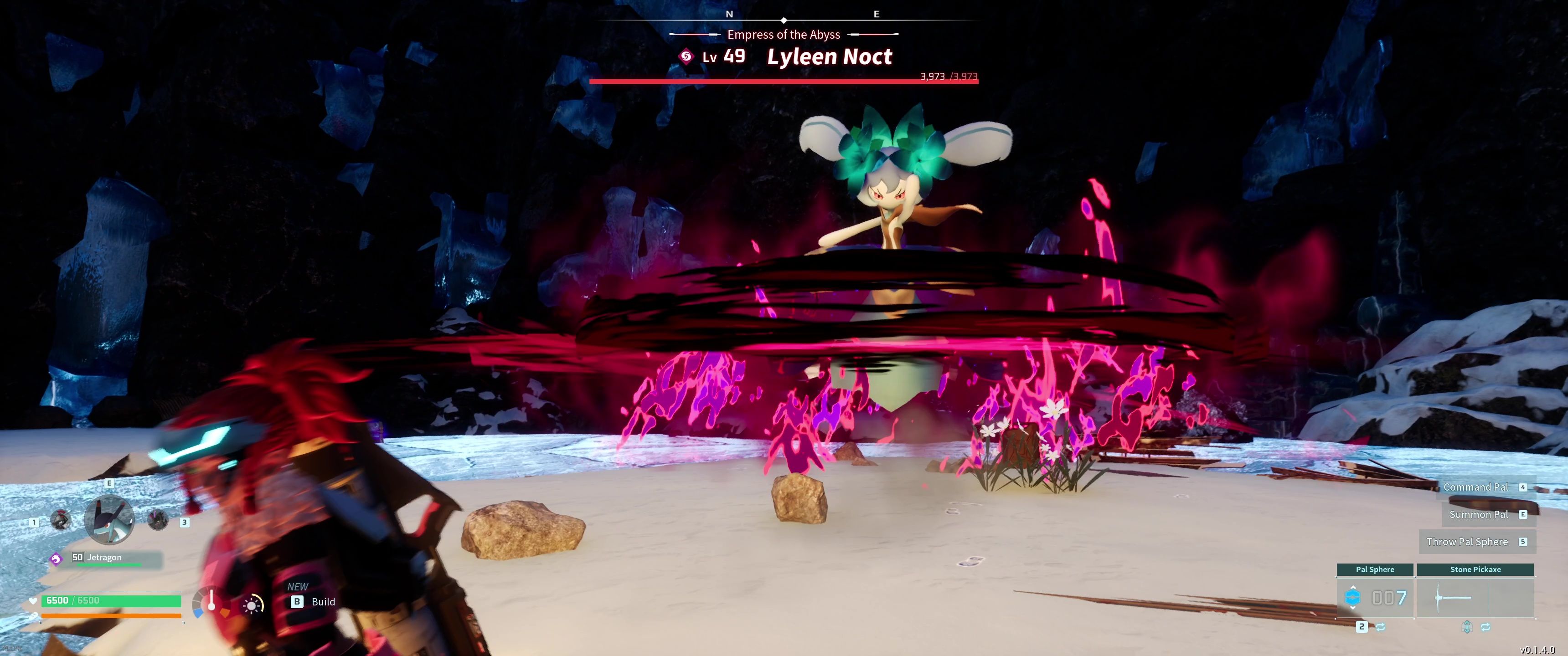 A picture of Palworld showing Alpha Boss Lyleen Noct using Shadow Burst.