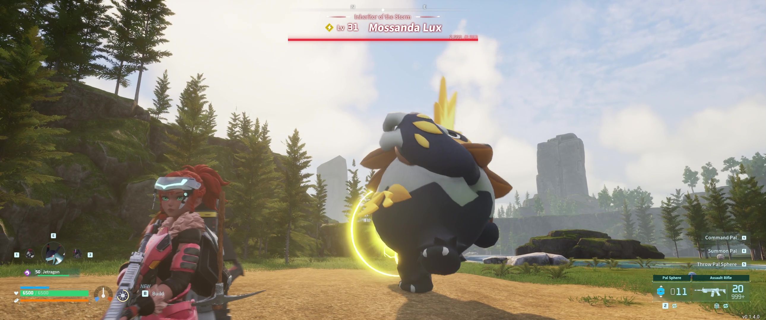 A picture of Palworld showing Alpha Boss Mossanda Lux about to release Blast Punch.