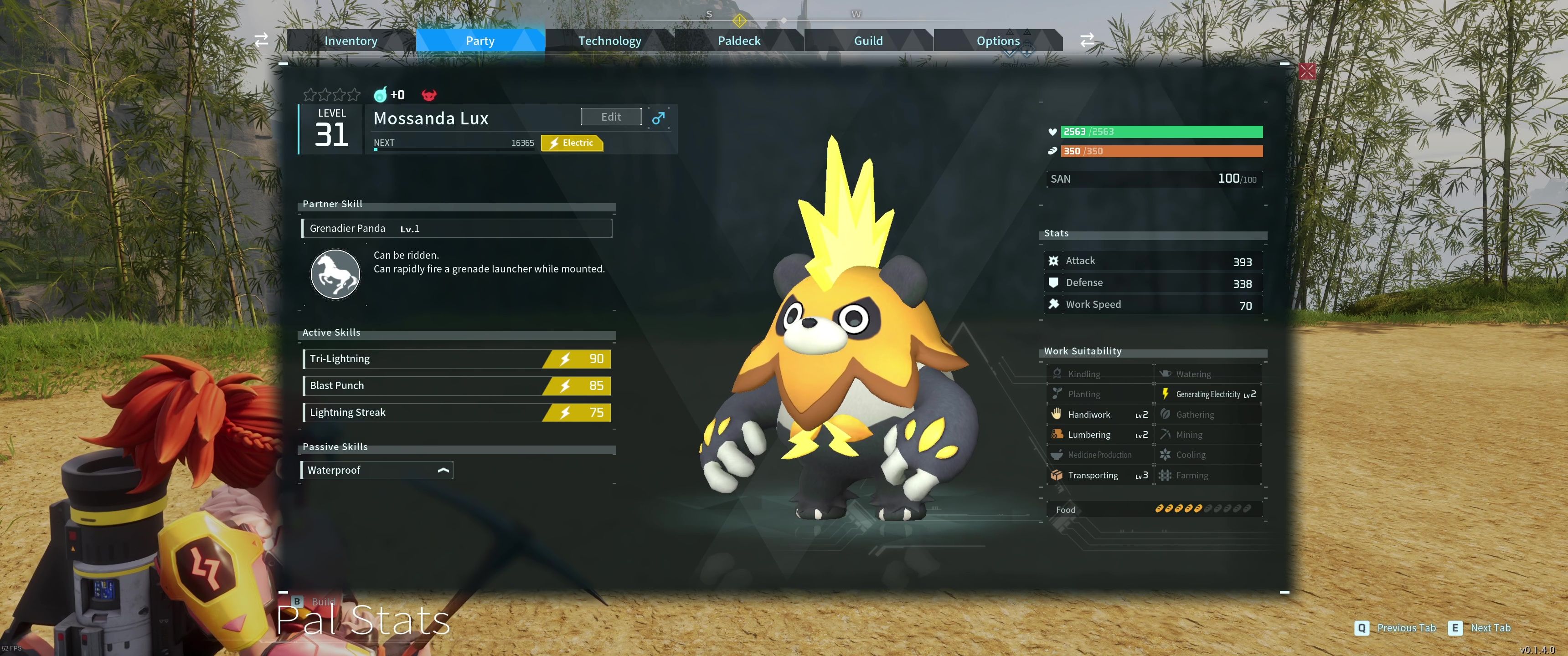 A picture of Palworld showing Alpha Boss Mossanda Lux in the party.
