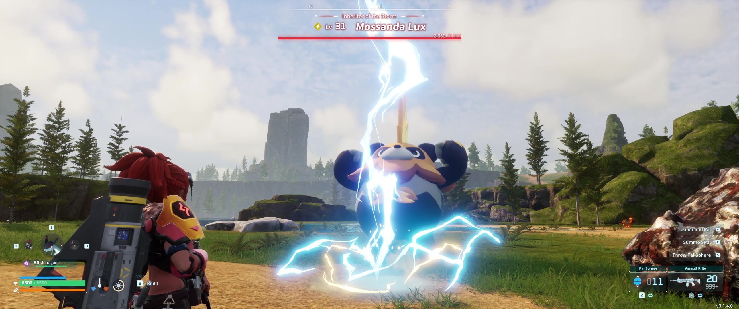 A picture of Palworld showing Alpha Boss Mossanda Lux using Lightning Streak.