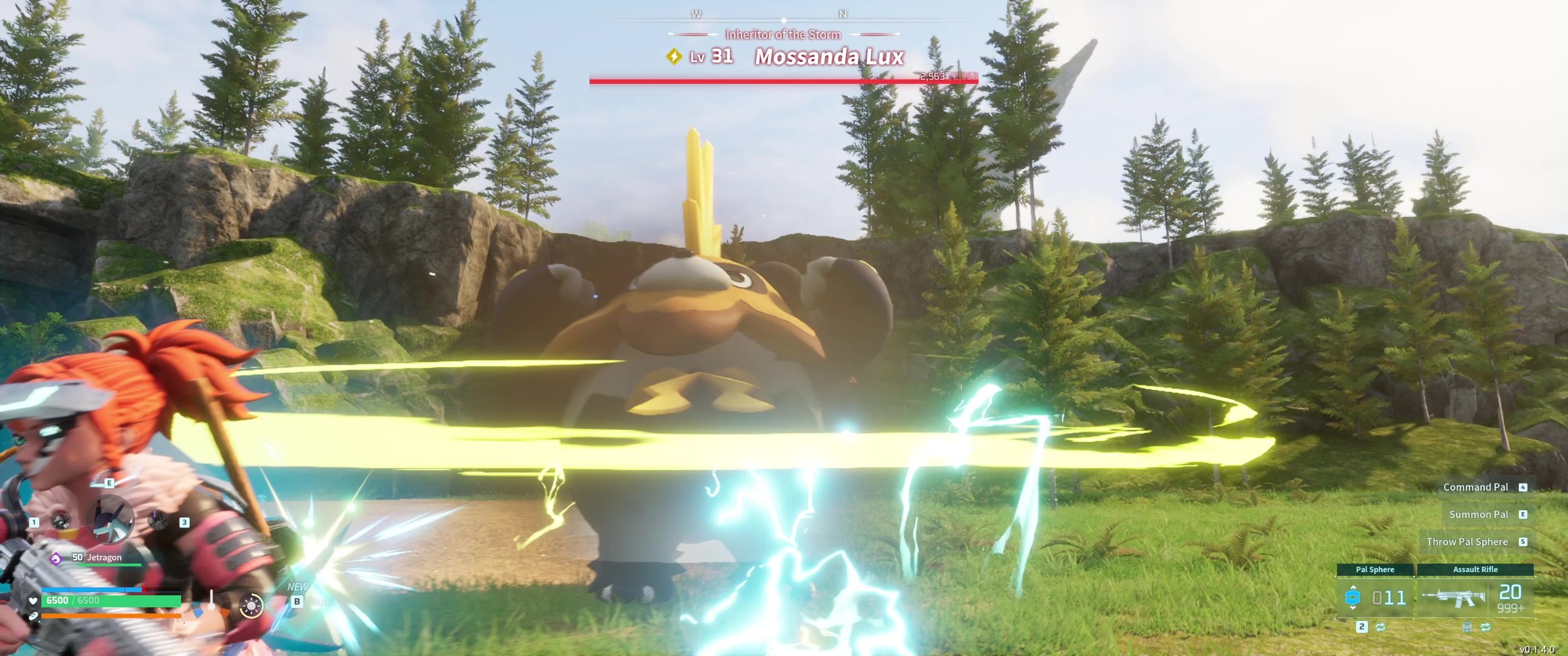 A picture of Palworld showing Alpha Boss Mossanda Lux using Shockwave.