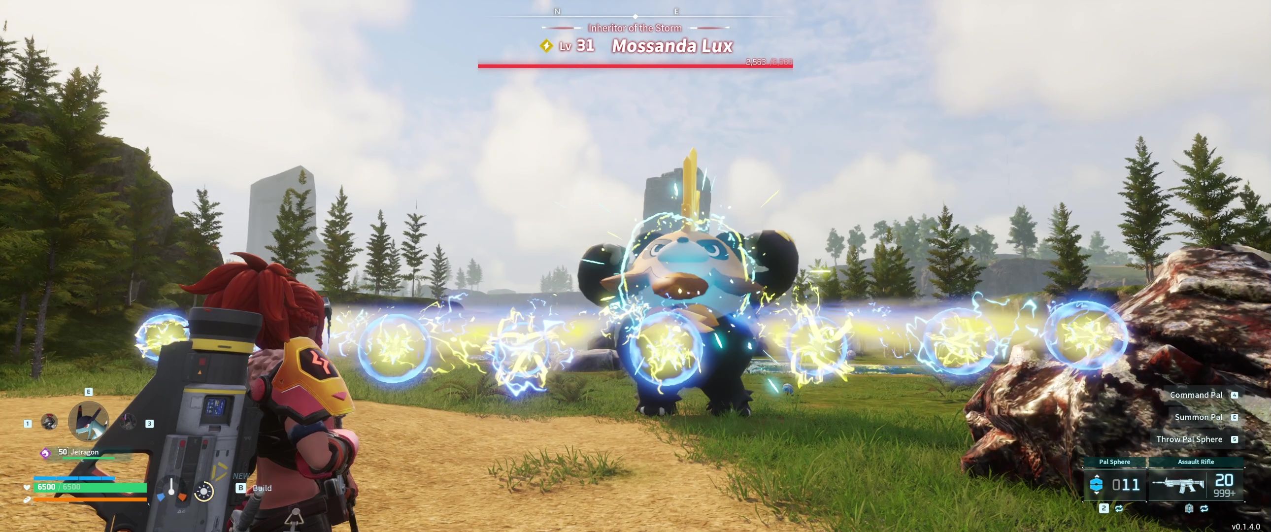 A picture of Palworld showing Alpha Boss Mossanda Lux using Spark Blast.