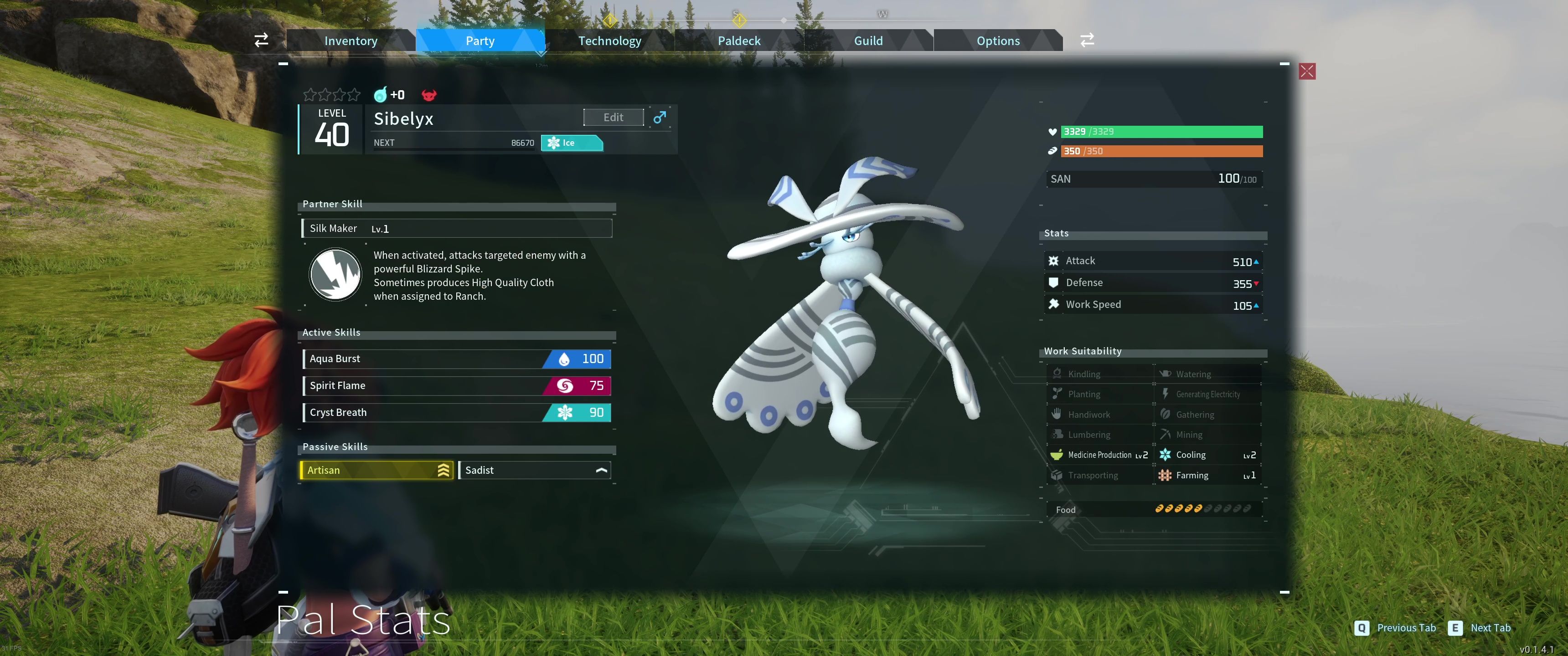 A picture of Palworld showing Alpha Boss Sibelyx in the party.