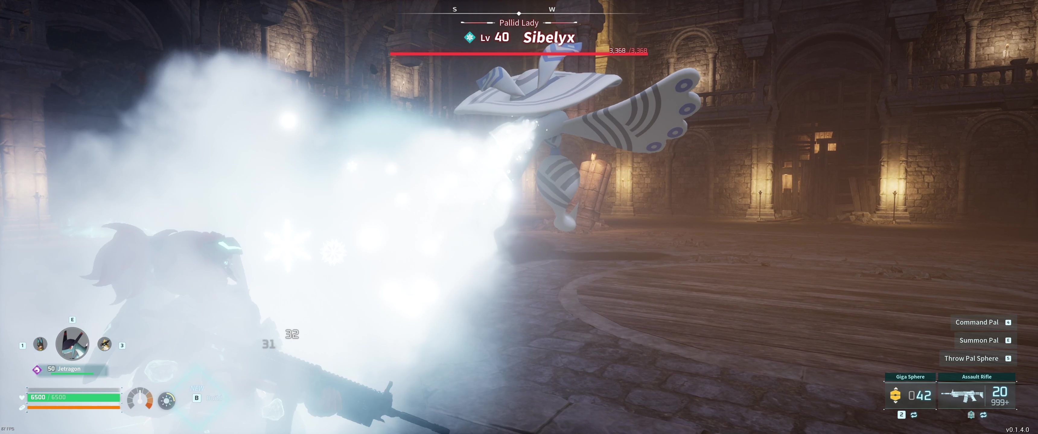 A picture of Palworld showing Alpha Boss Sibelyx using Cryst Breath.