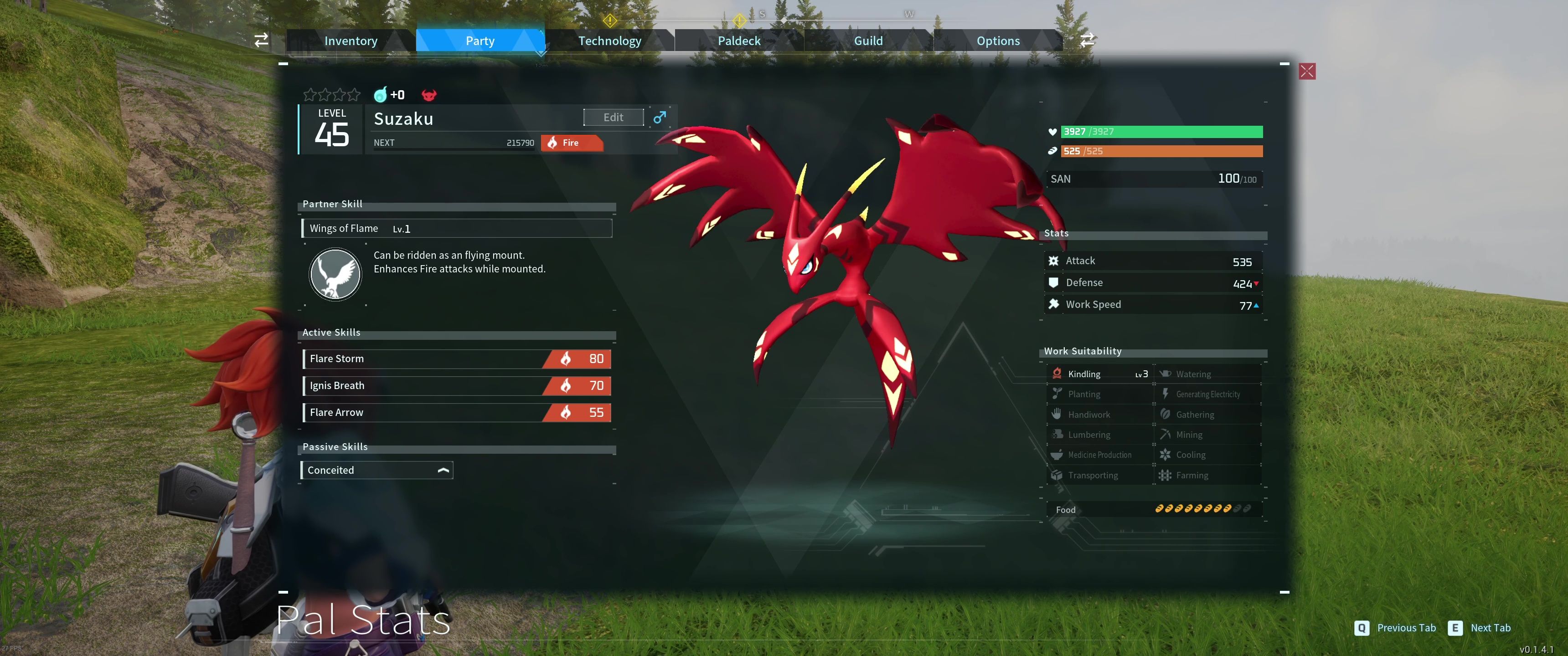 A picture of Palworld showing Alpha Boss Suzaku in the party.