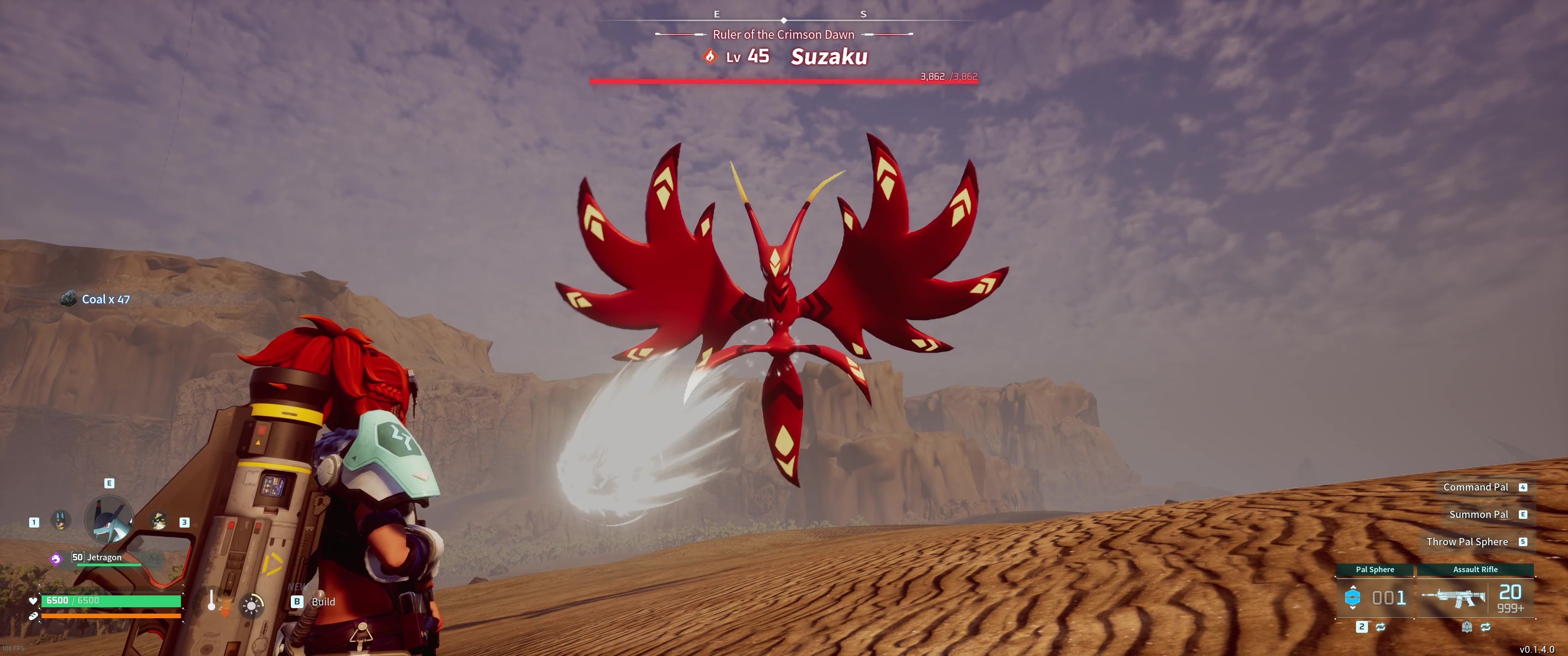 A picture of Palworld showing Alpha Boss Suzaku using Air Cannon.