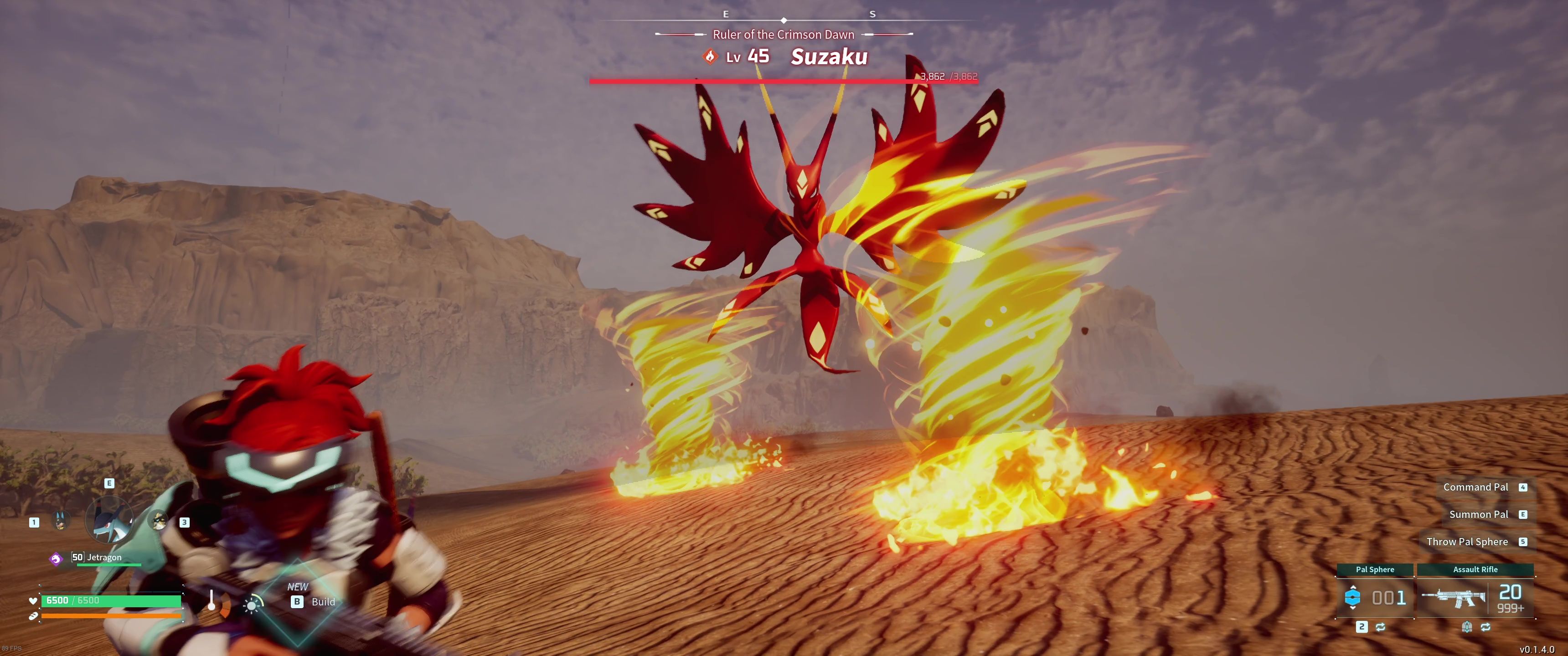 A picture of Palworld showing Alpha Boss Suzaku using Flare Storm.