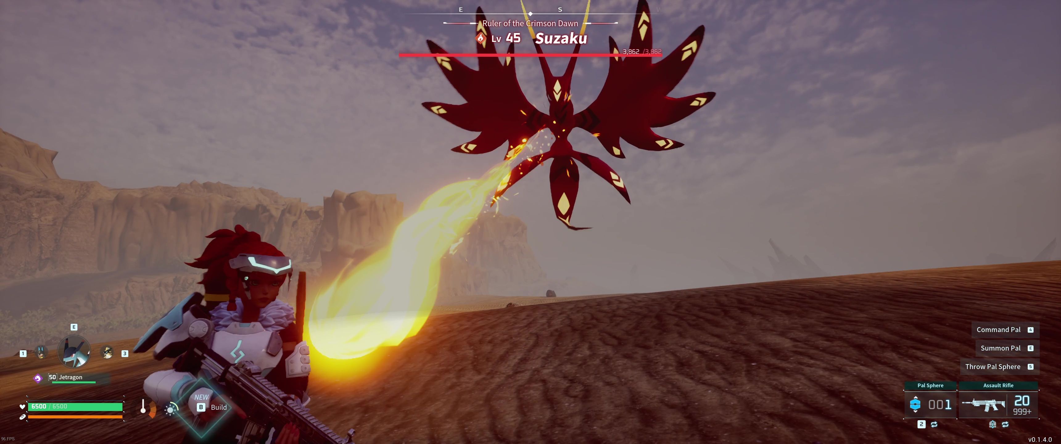 A picture of Palworld showing Alpha Boss Suzaku using Ignis Blast.