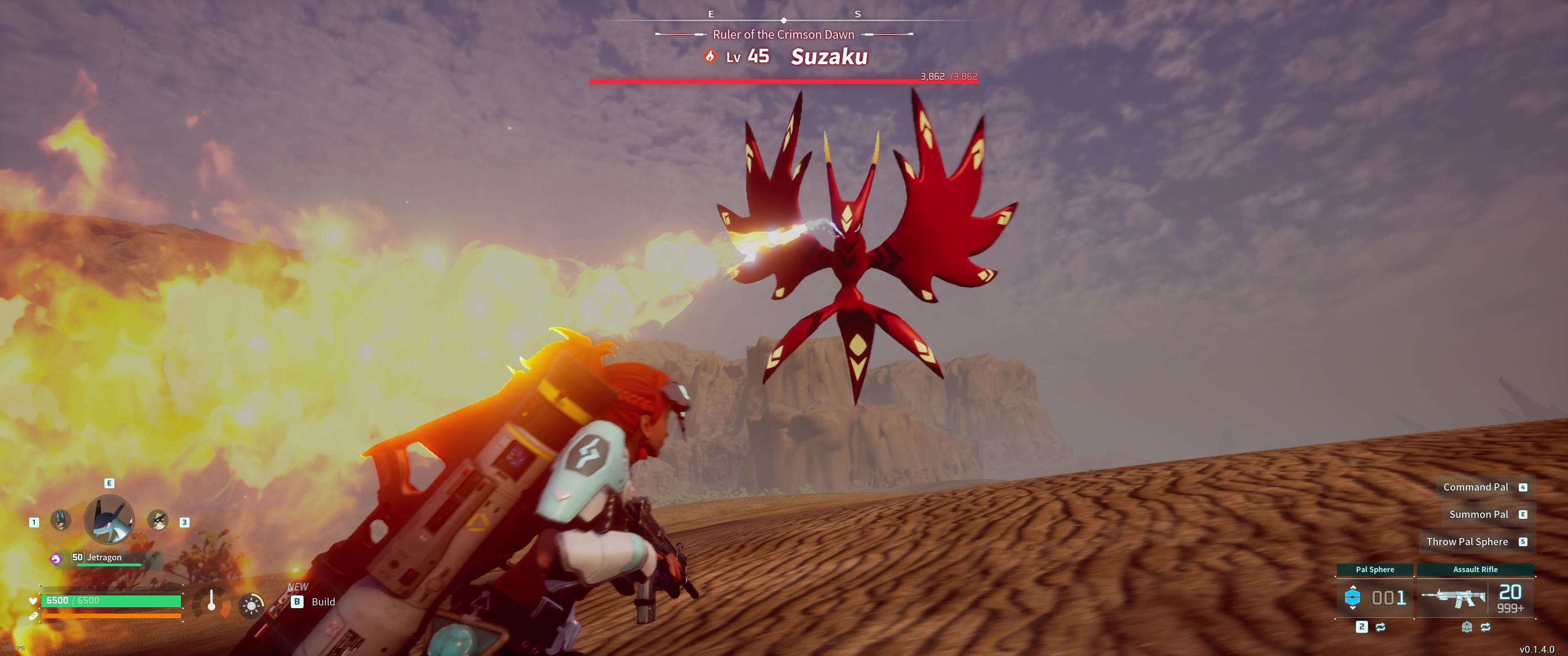 A picture of Palworld showing Alpha Boss Suzaku using Ignis Breath.
