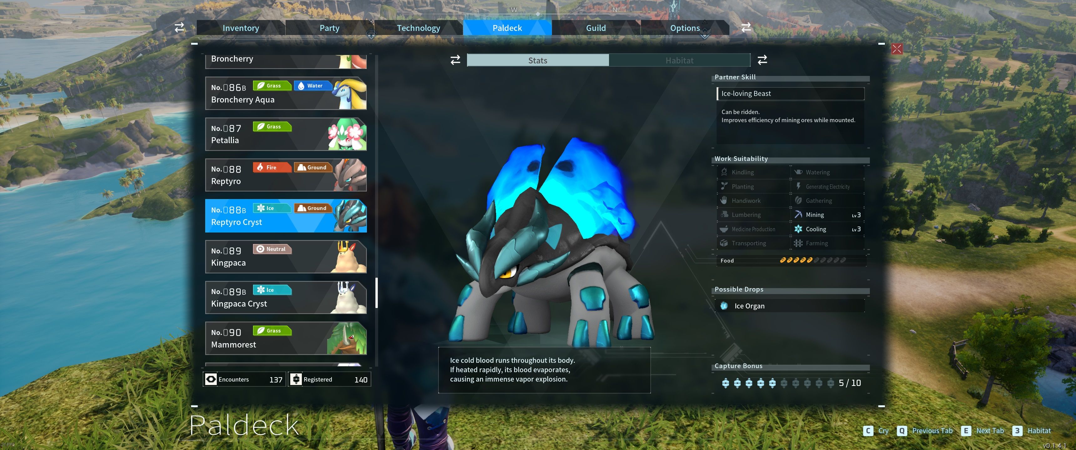 A picture of Palworld showing Ice Reptyro's stats in the Paldeck.