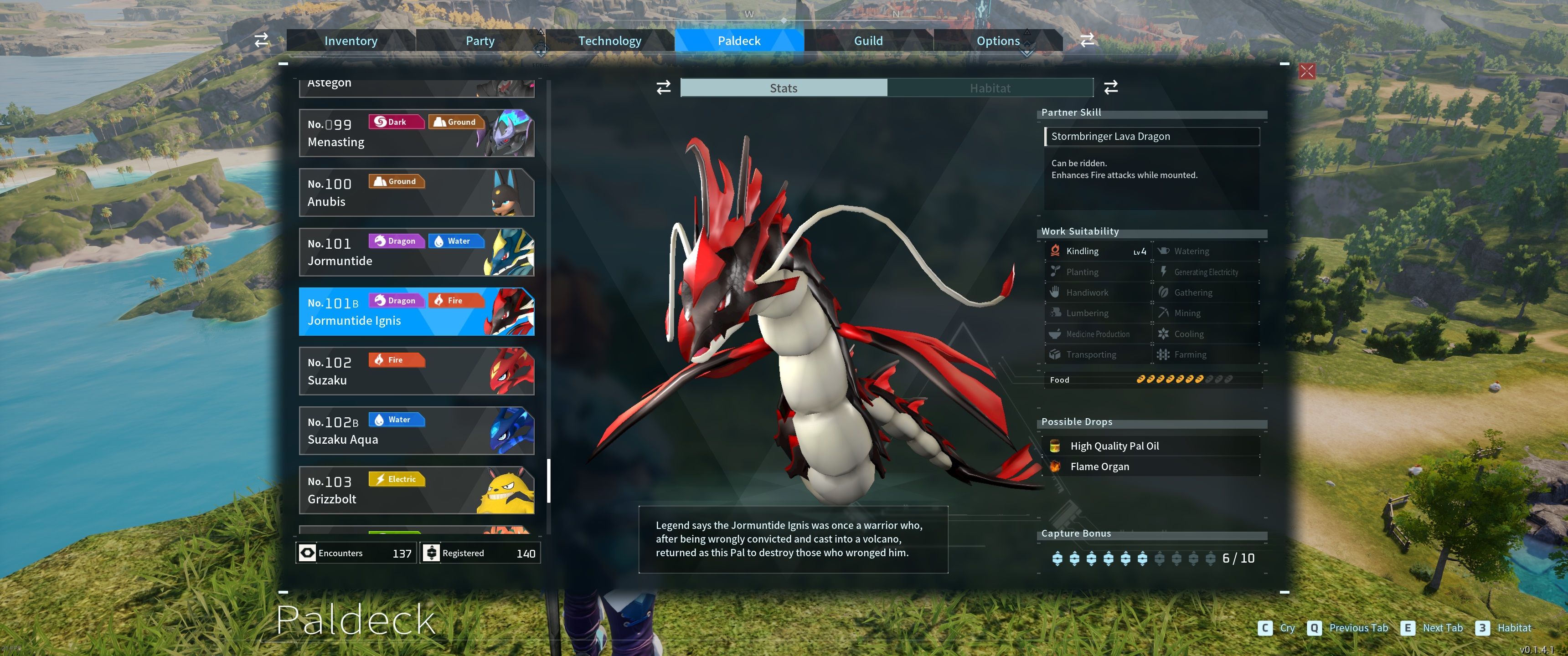 A picture of Palworld showing Jormuntide Ignis's stats in the Paldeck.