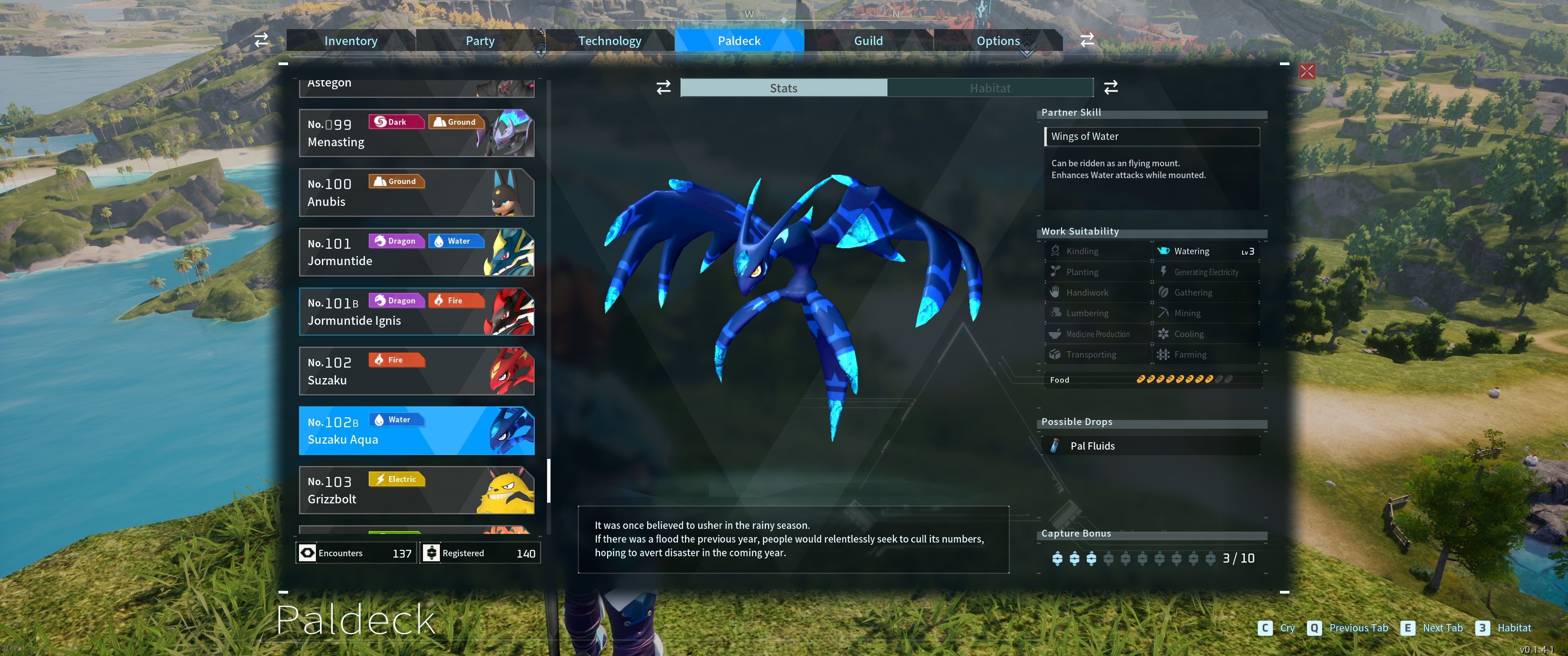 A picture of Palworld showing Suzaku Aqua's stats in the Paldeck.
