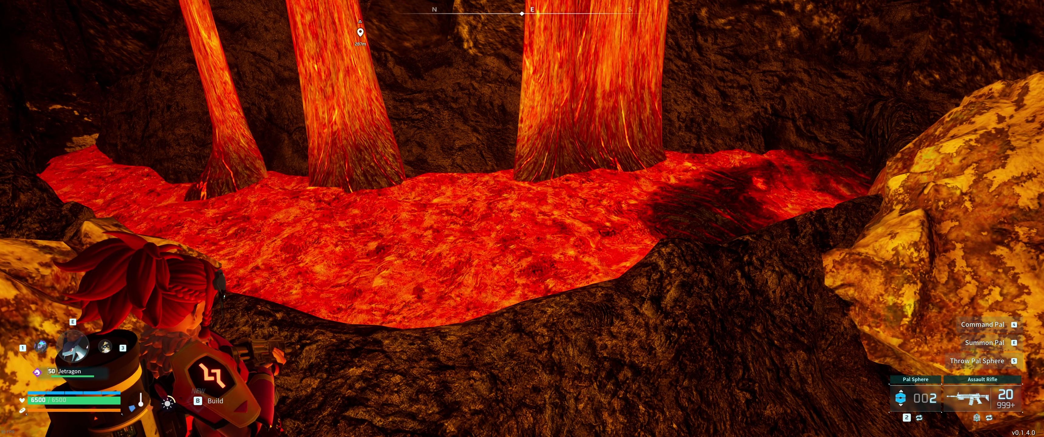 A picture of Palworld showing the lava pits in the Scorched Mineshaft where Alpha Boss Blazamut is.