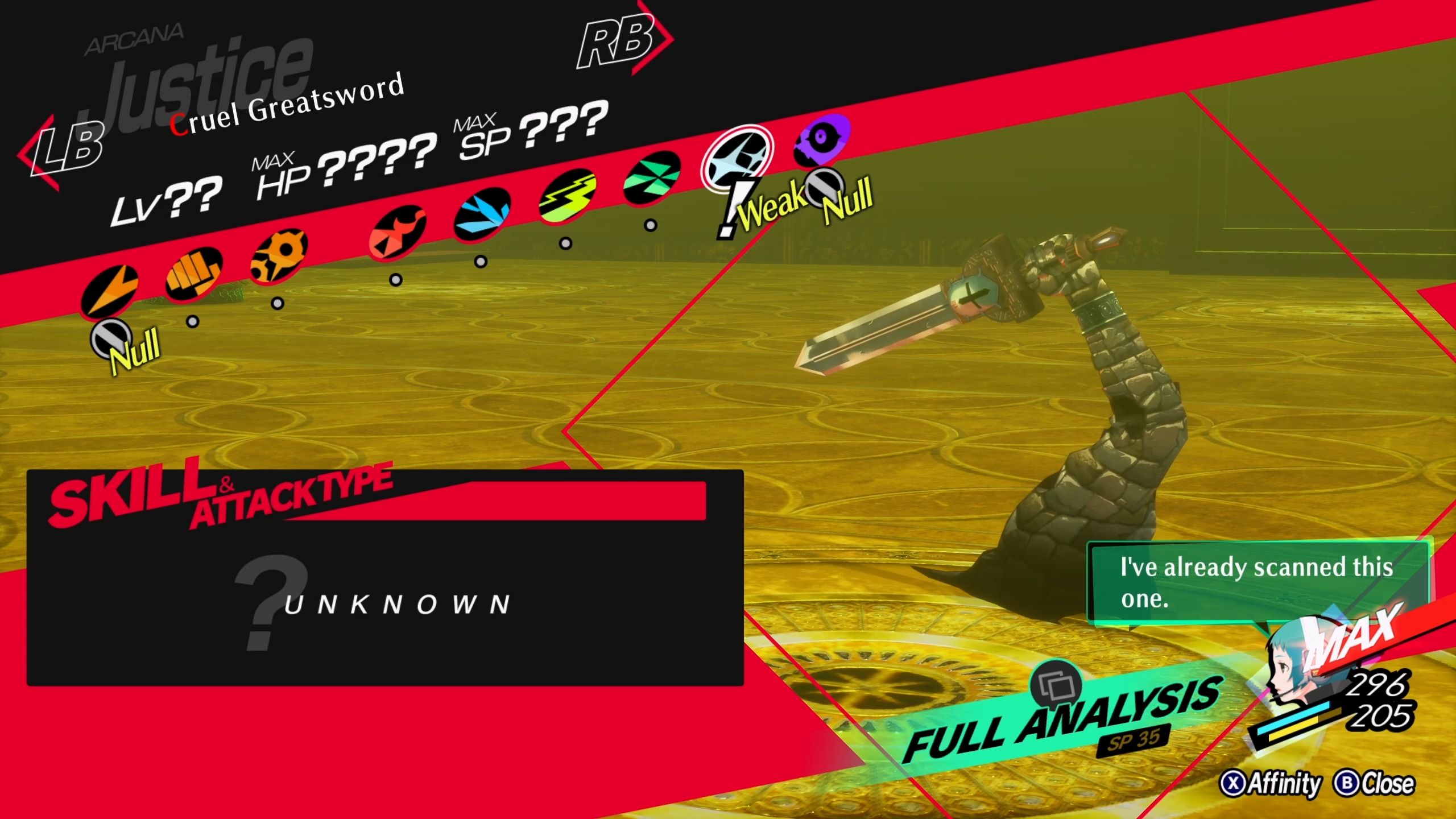 A picture of Persona 3 Reload showing Cruel Greatsword affinity.