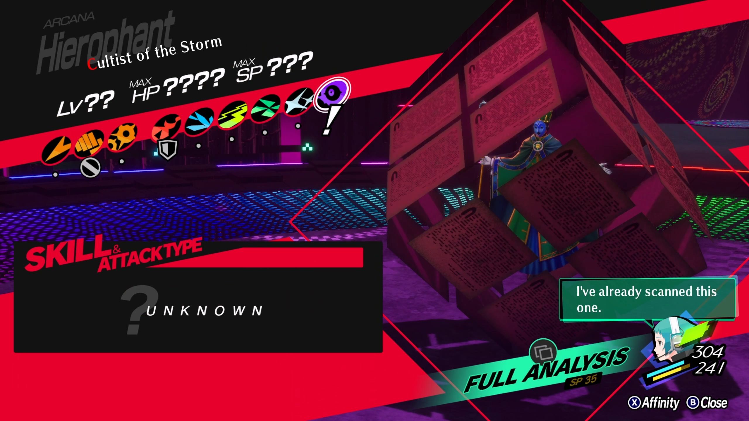 A picture of Persona 3 Reload showing Cultist of the Storm Affinity.