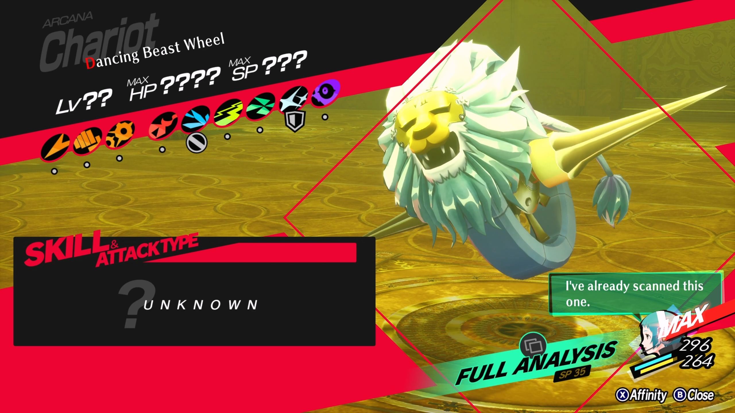 A picture of Persona 3 Reload showing Dancing Beast Wheel Affinity.