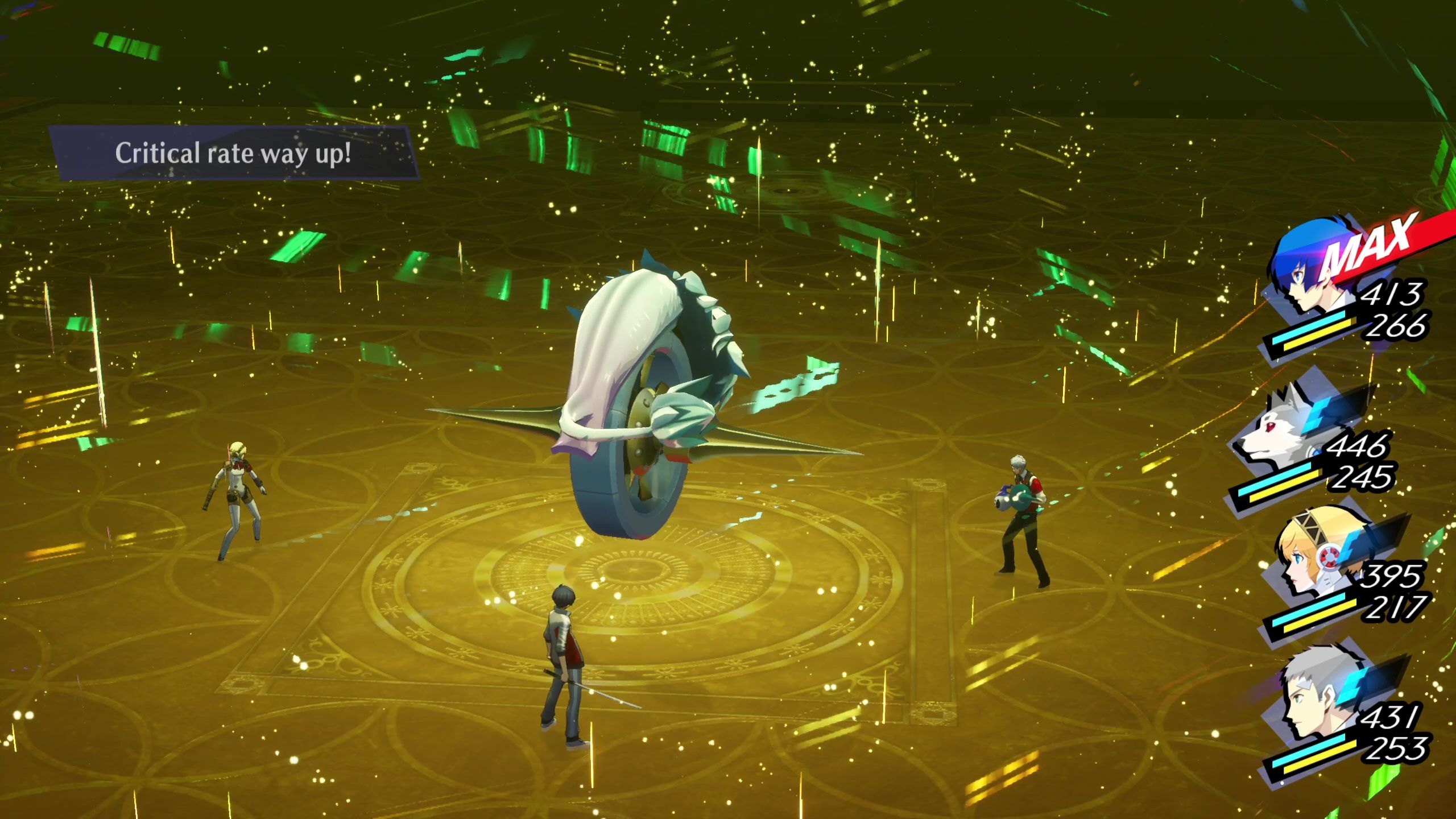 A picture of Persona 3 Reload showing Dancing Beast Wheel after Koromaru uses Revolution.