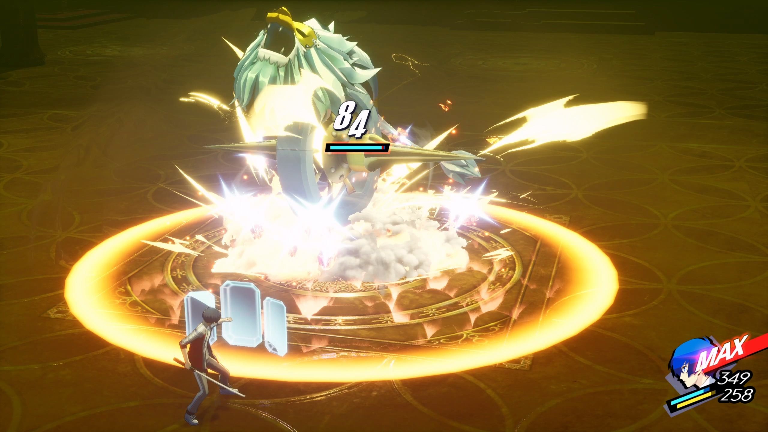A picture of Persona 3 Reload showing Dancing Beast Wheel being hit by its own attack.