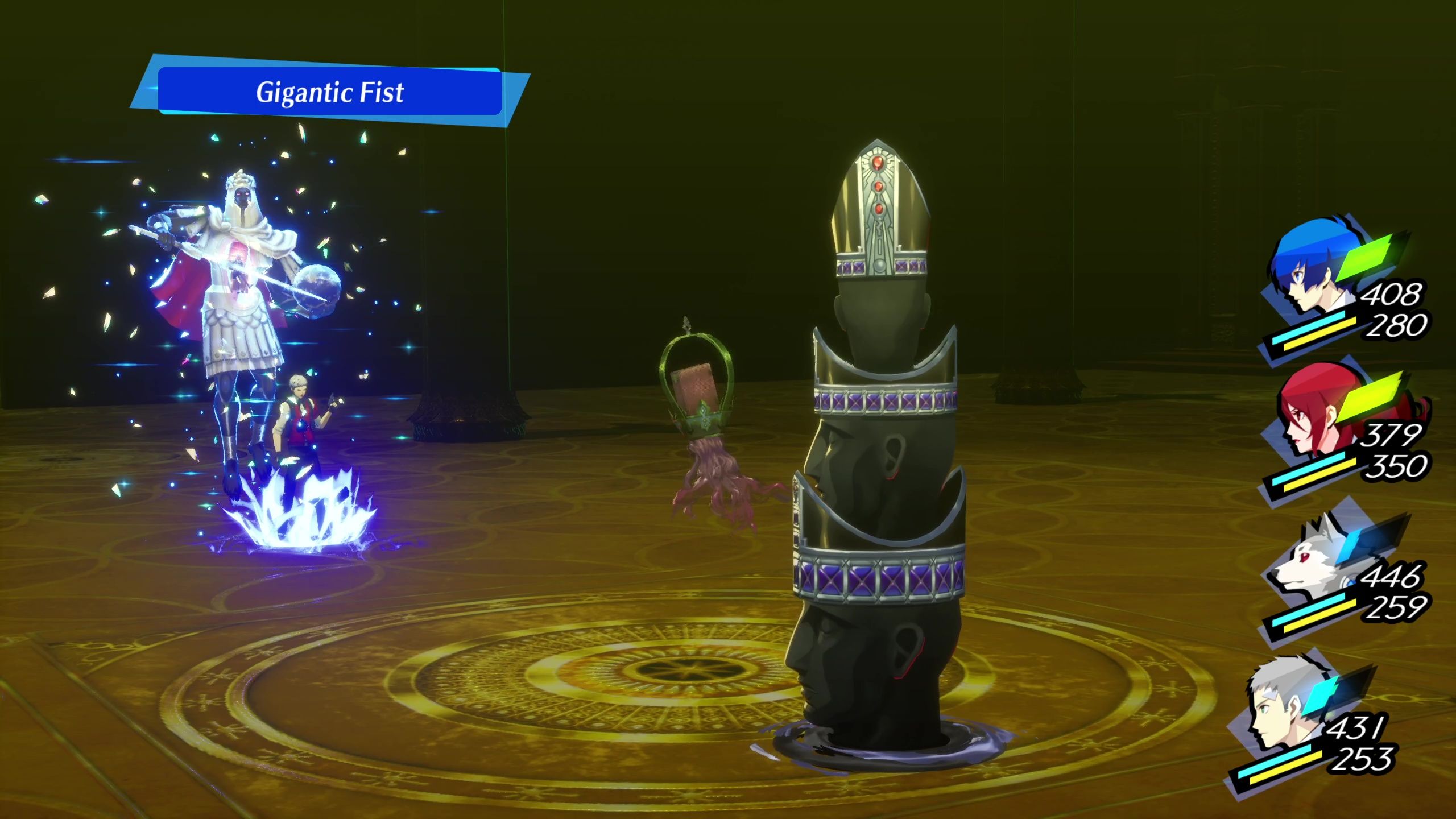 A picture of Persona 3 Reload showing Pagoda of Disaster about to be hit by Gigantic Fist.