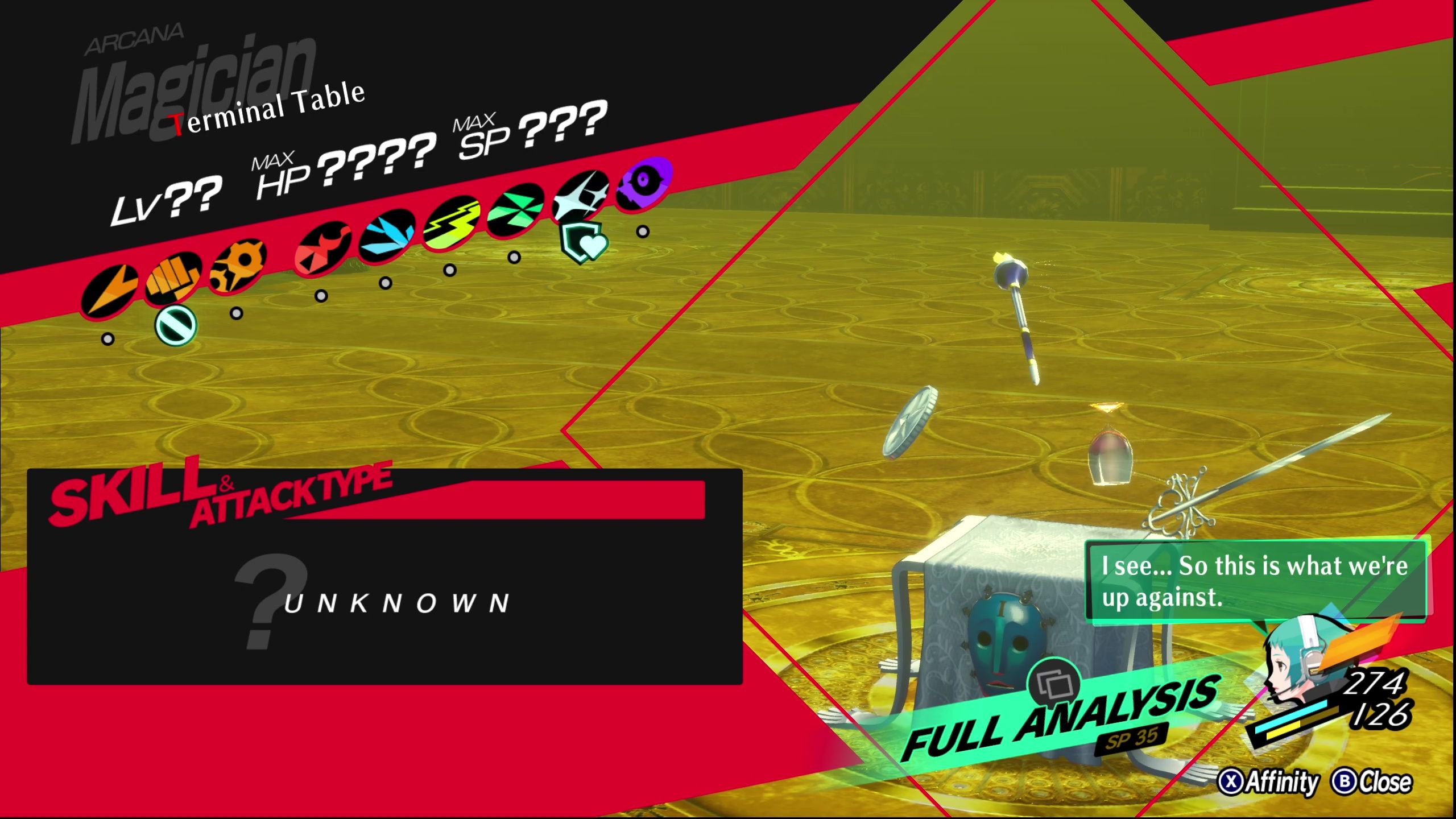 A picture of Persona 3 Reload showing Terminal Table Affinity.