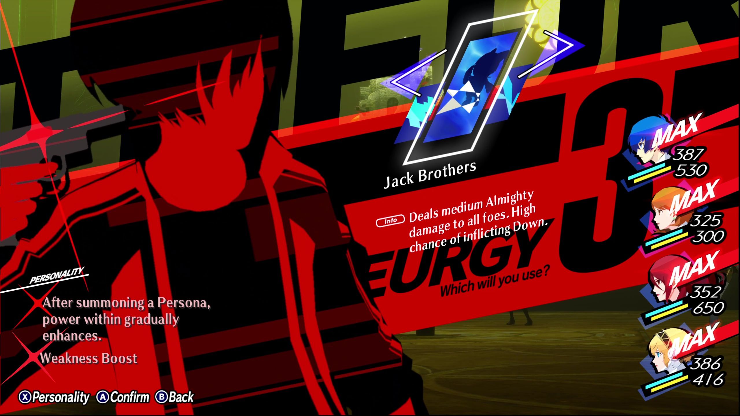 A picture of Persona 3 Reload showing the Protagonist hovering the Jack Brothers Theurgy.