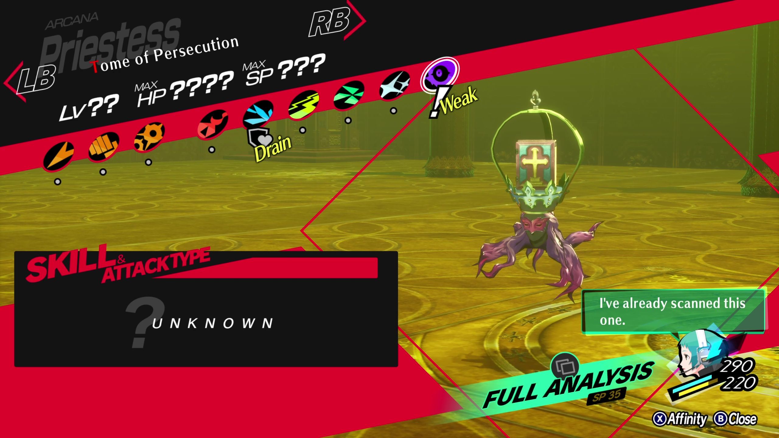 A picture of Persona 3 Reload showing Tome of Persecution Affinity.