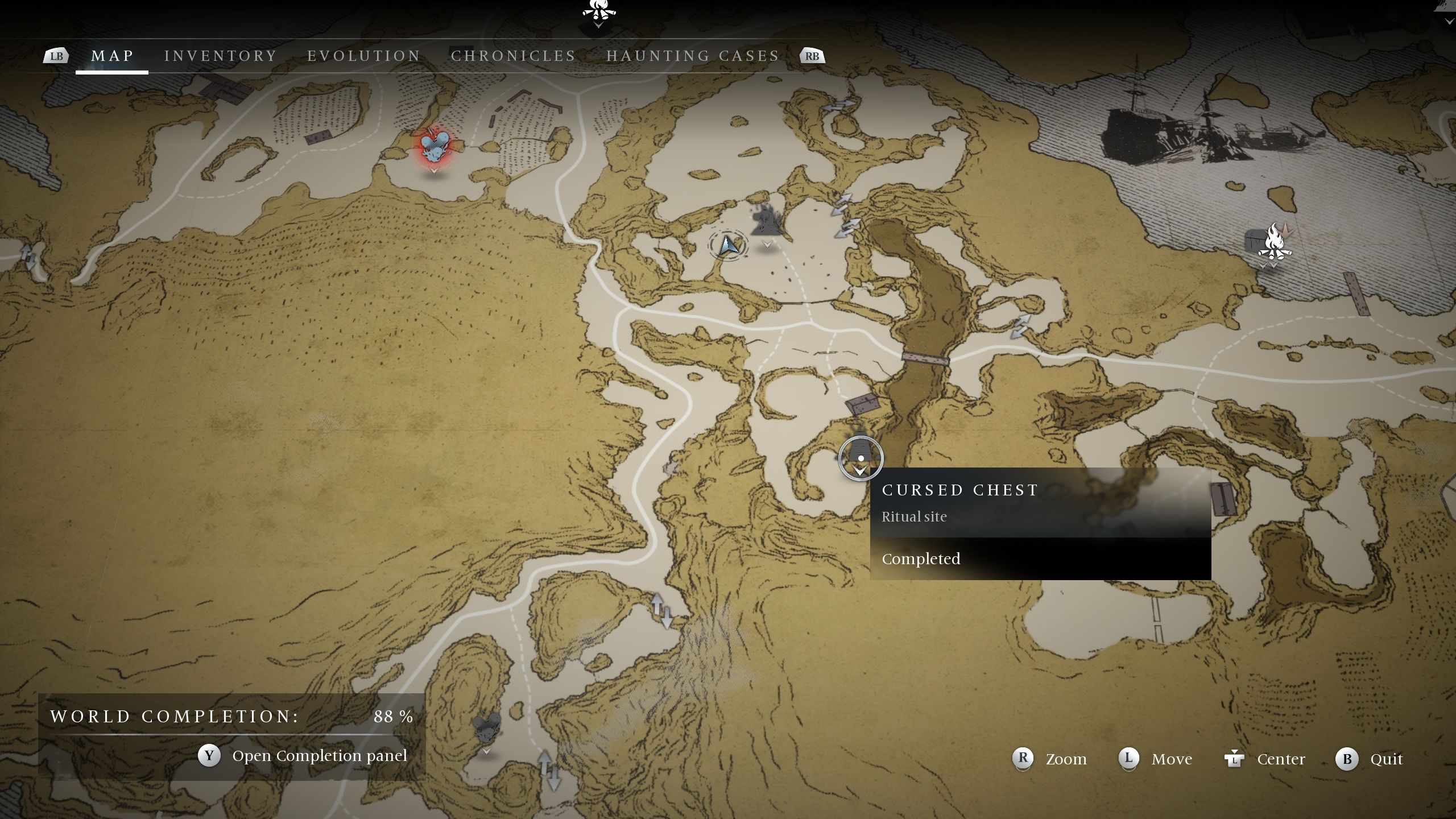 A picture on the map showing the location of the Farmer cursed chest - Banishers Ghosts of New Eden