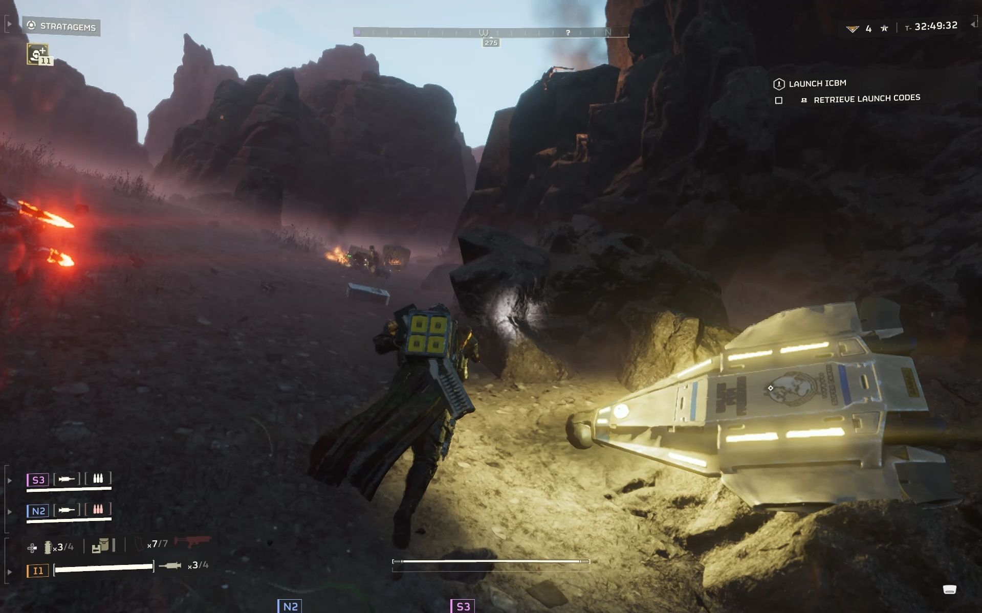 A player going to loot Crasehd Pod in Helldivers 2 for Super Credits