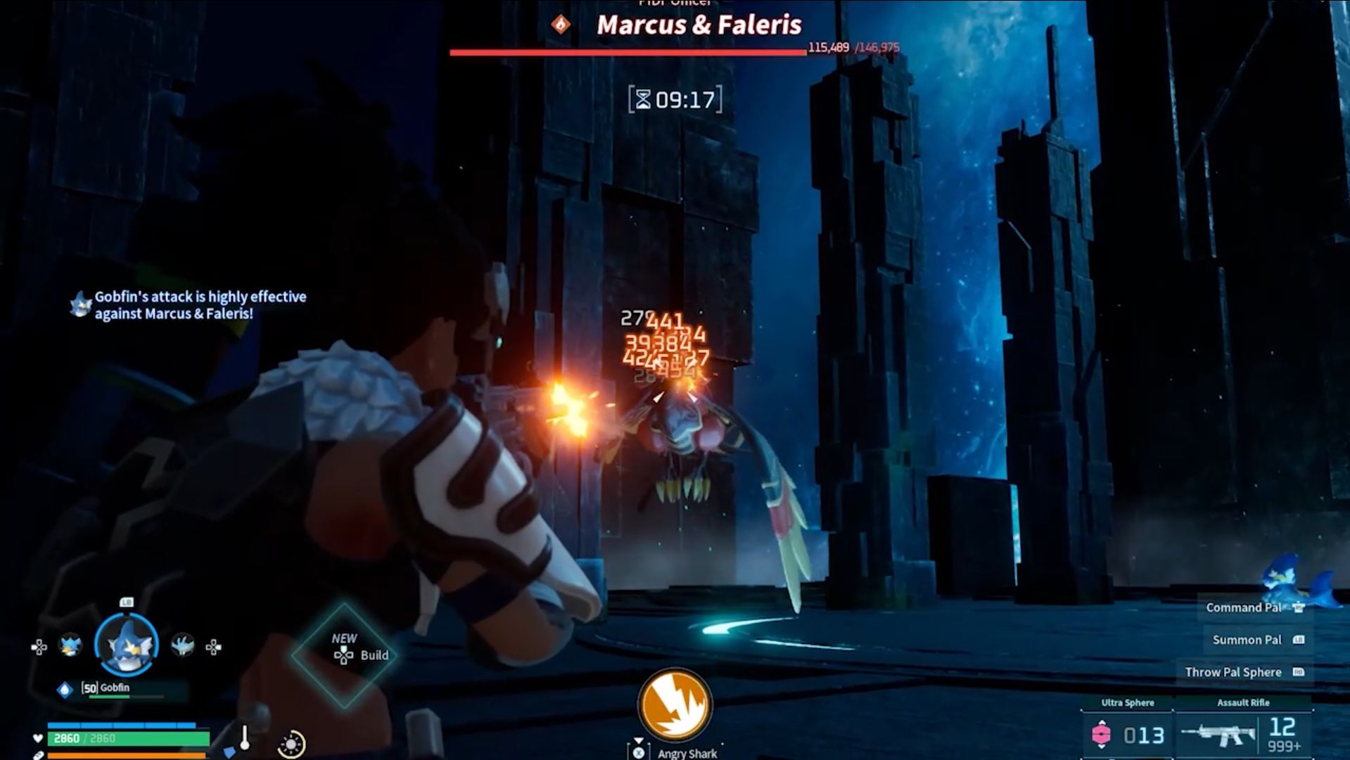 A player landing headshots using Assault Rifle on Falers boss in Palworld