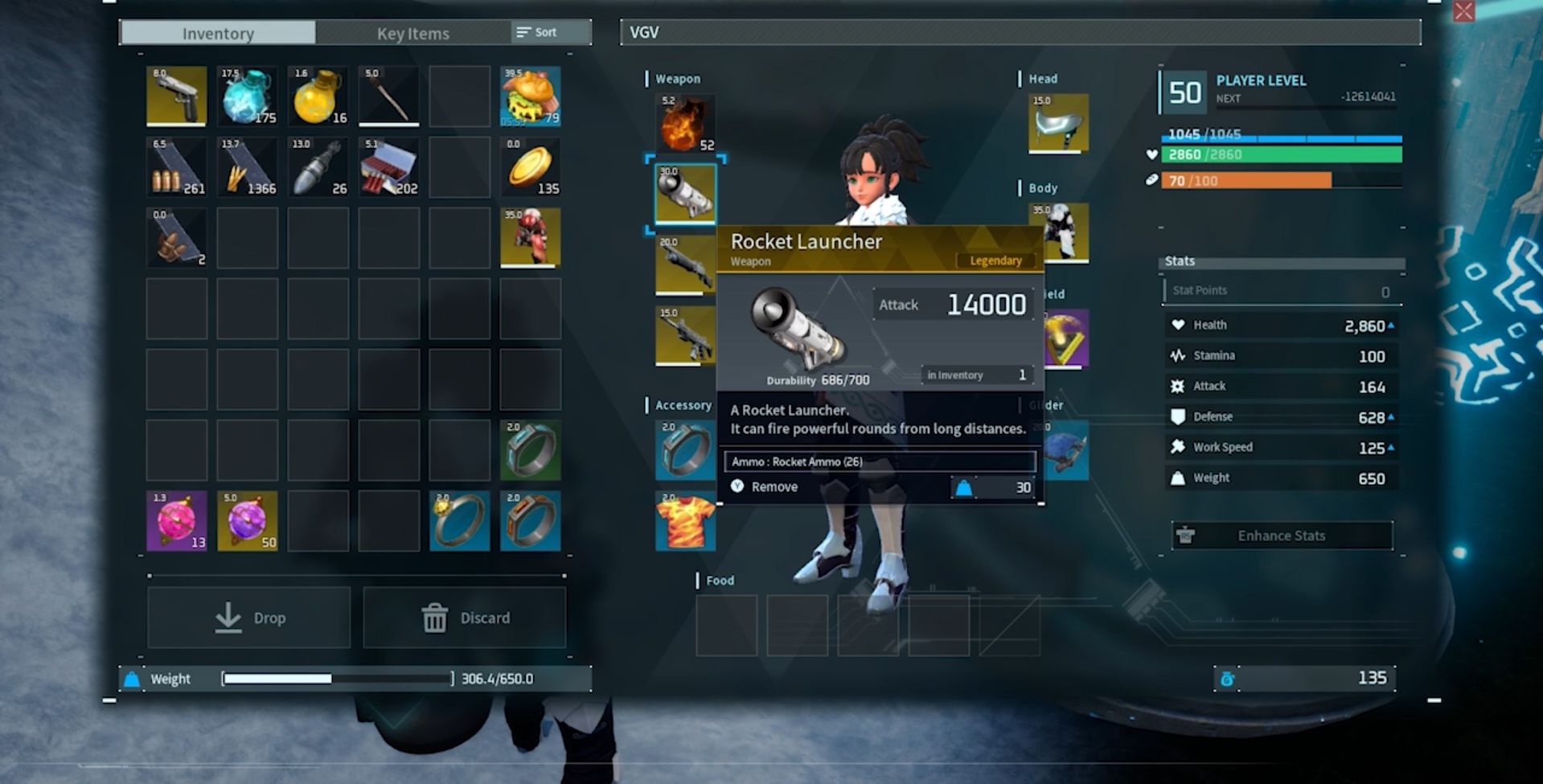 A player's inventory in Palworld showcasing Legendary Rocket Launcher