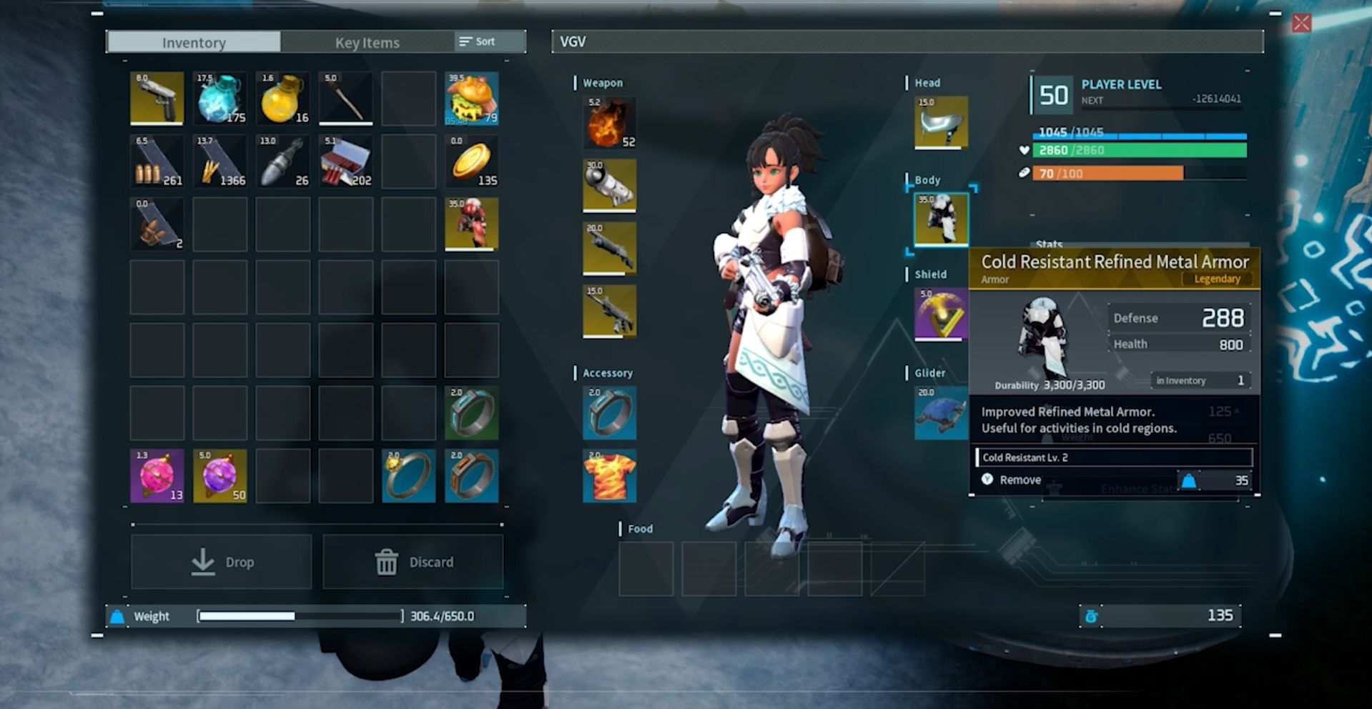 A player's inventory showing Cold Resistant Refined Metal Armor in Palworld