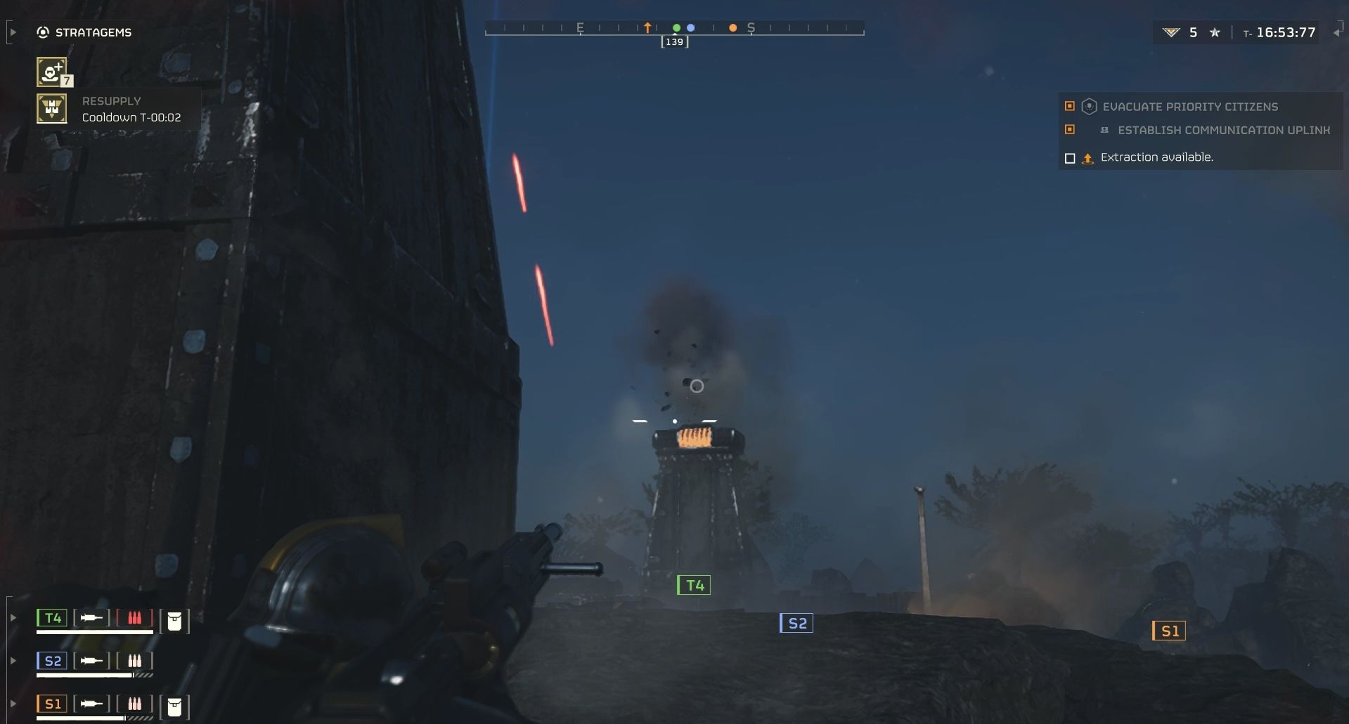 A player shooting Fortified Cannon mounter on top of tower in Helldivers 2