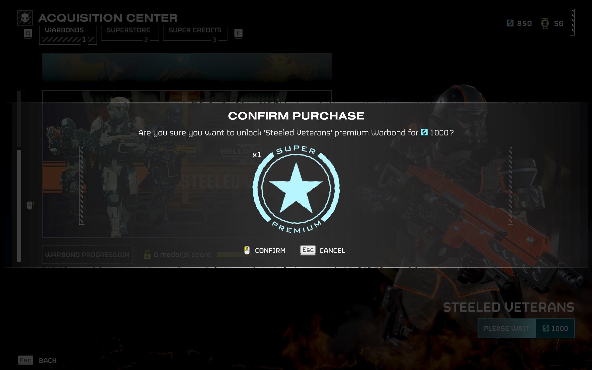 A player using Super Credits to purchase Steeled Veterans Warbond in Helldivers 2
