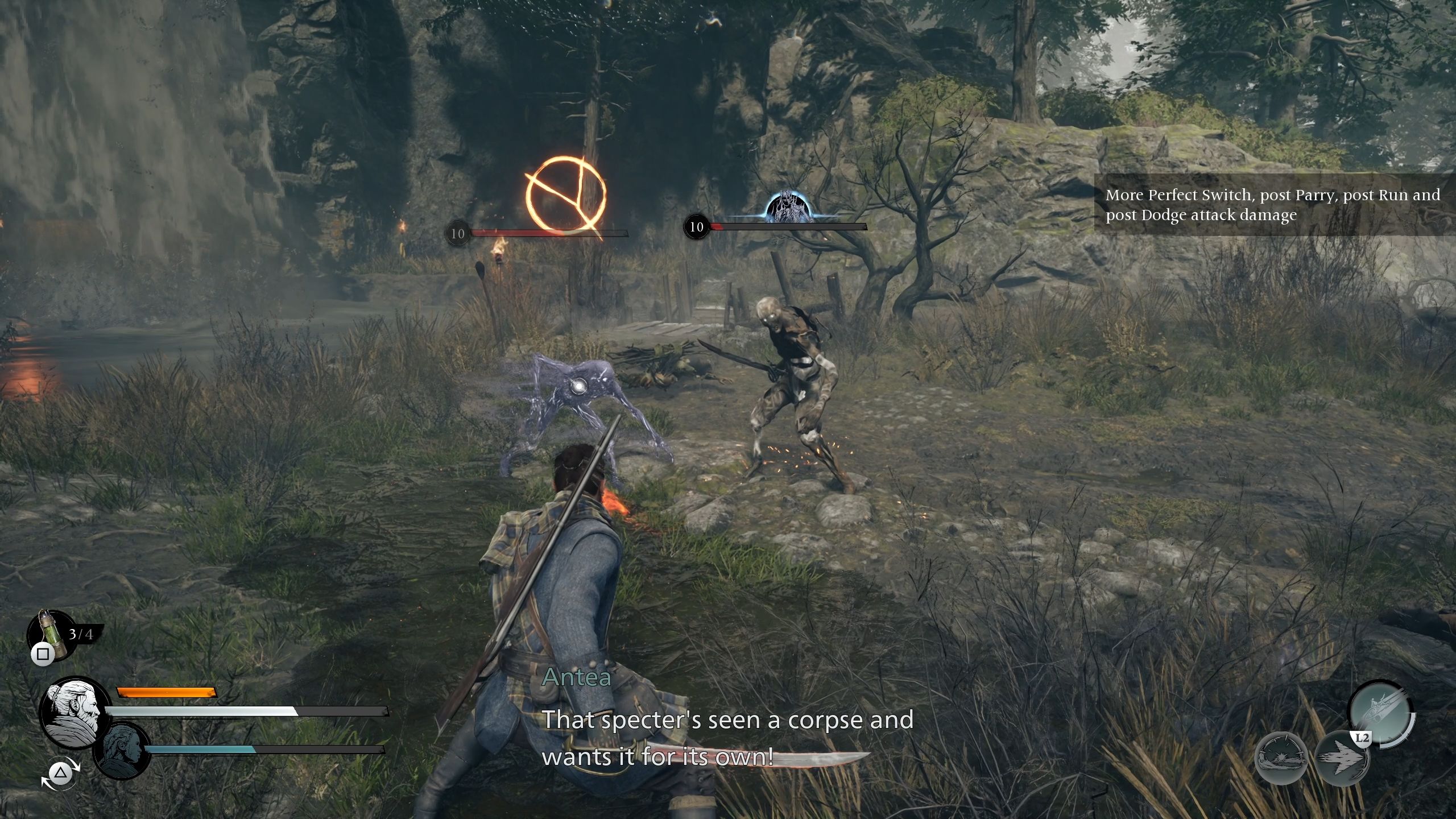 A spectral is about to possess a corpse while Red is fighting - Banishers Ghosts of New Eden