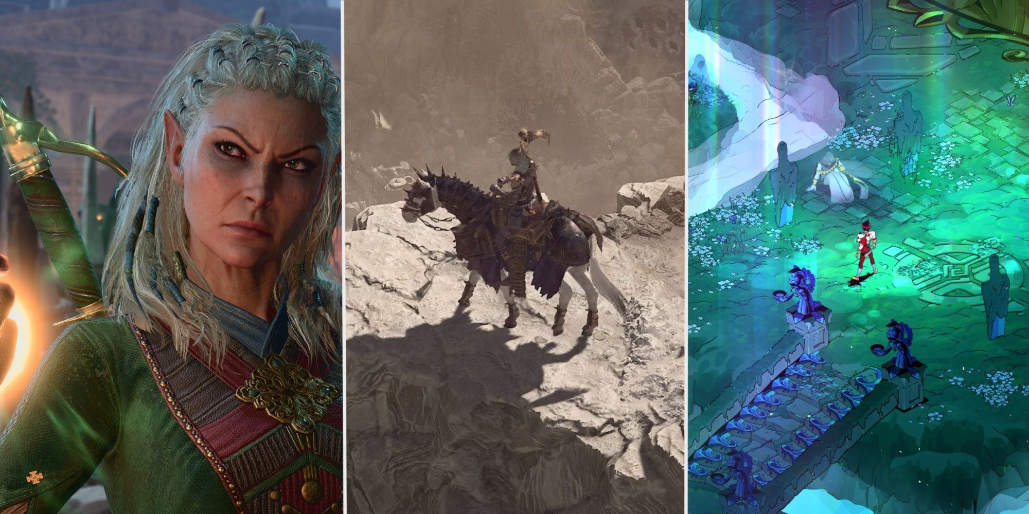 A split image showing Baldur's Gate 3, Diablo 4 and Hades