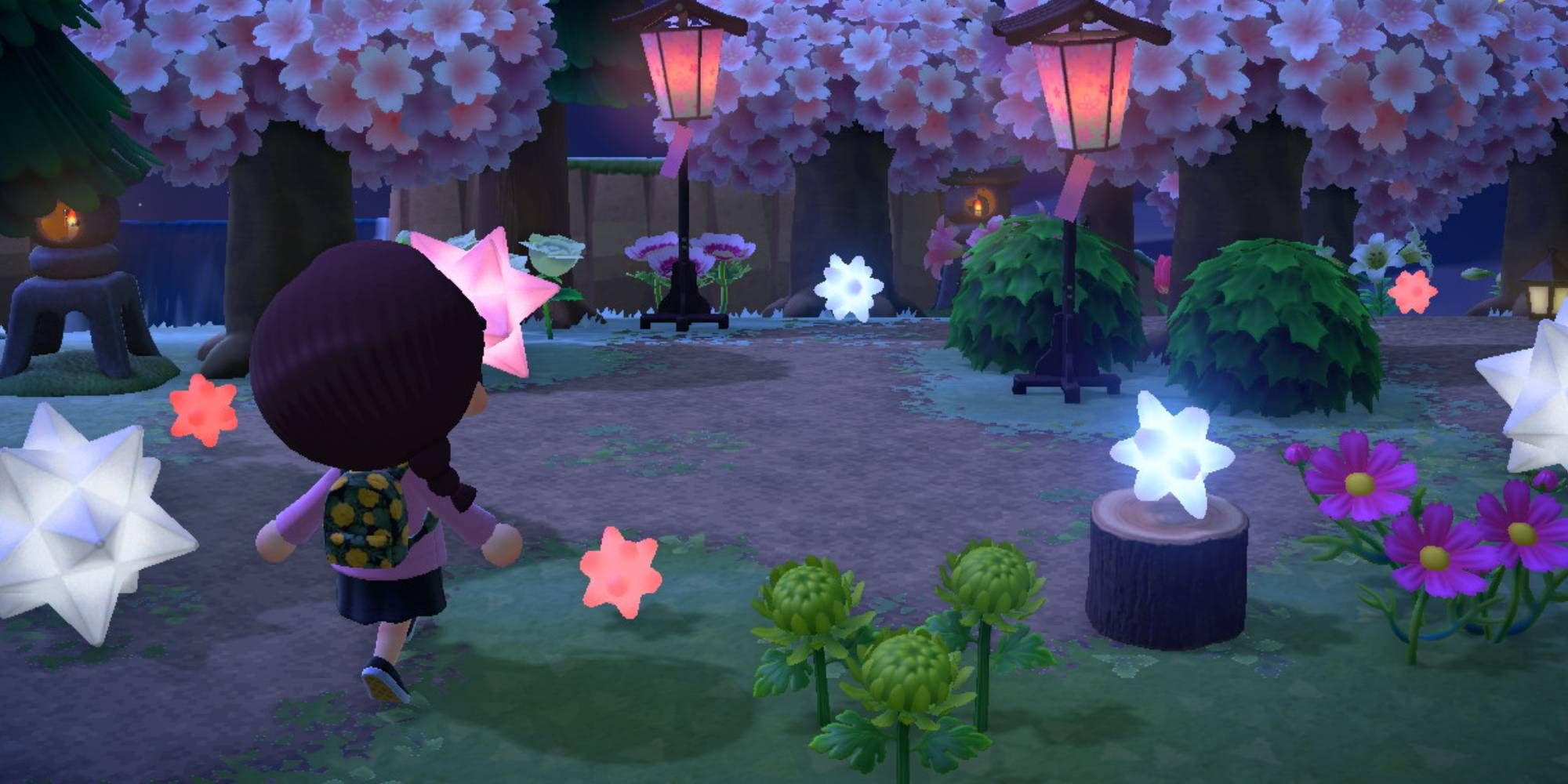 A Villager walking through a cherry blossom forest at night with star fragmets lighting their path