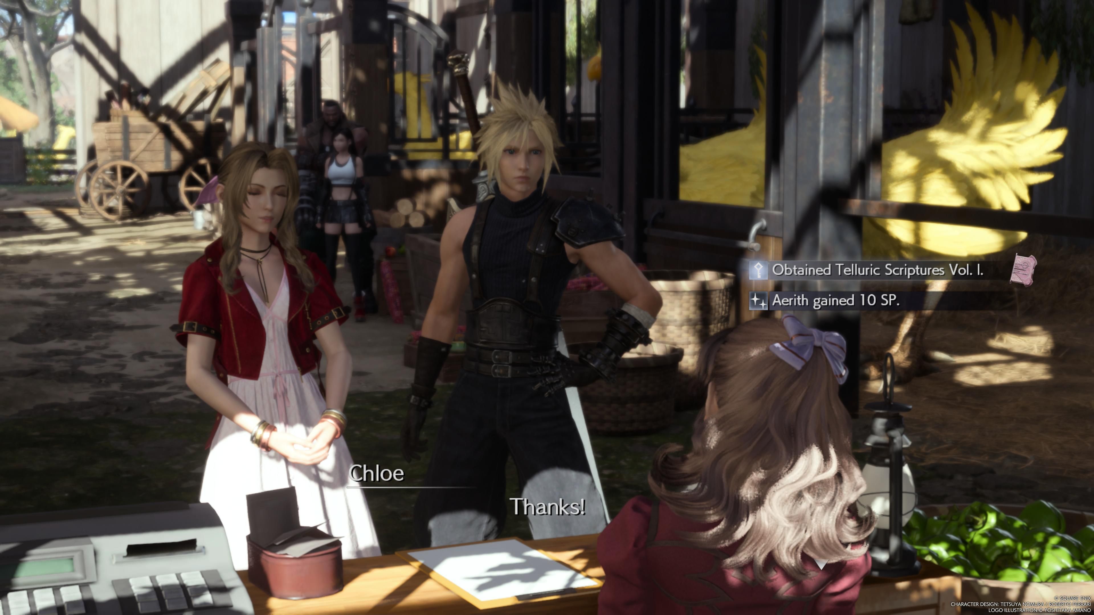 Aerith and Cloud hand Chloe a wreath in FF7 Rebirth