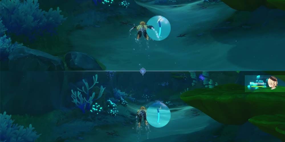 The Traveler/Aether diving in Fontaine with Freminet in the team for his Passive