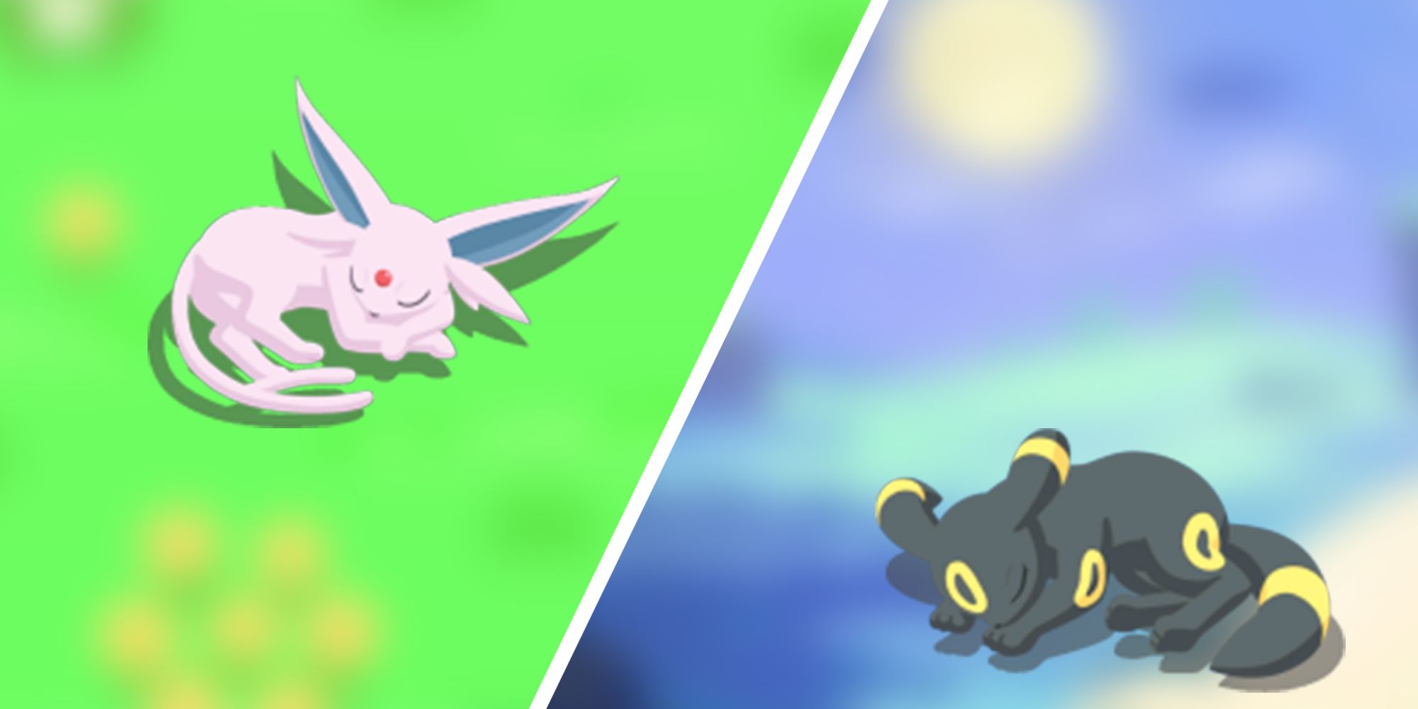 On the left, Espeon asleep on a daytime, blurred background. On the right, Umbreon sleeping on a night time blurred background