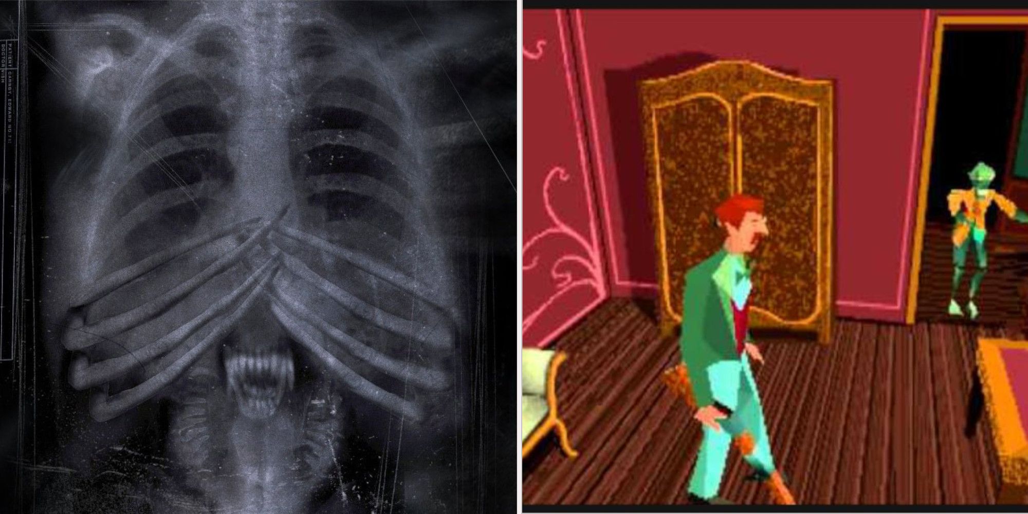 Alone in The Dark Monster in X-Ray and Main character with shotgun and zombie