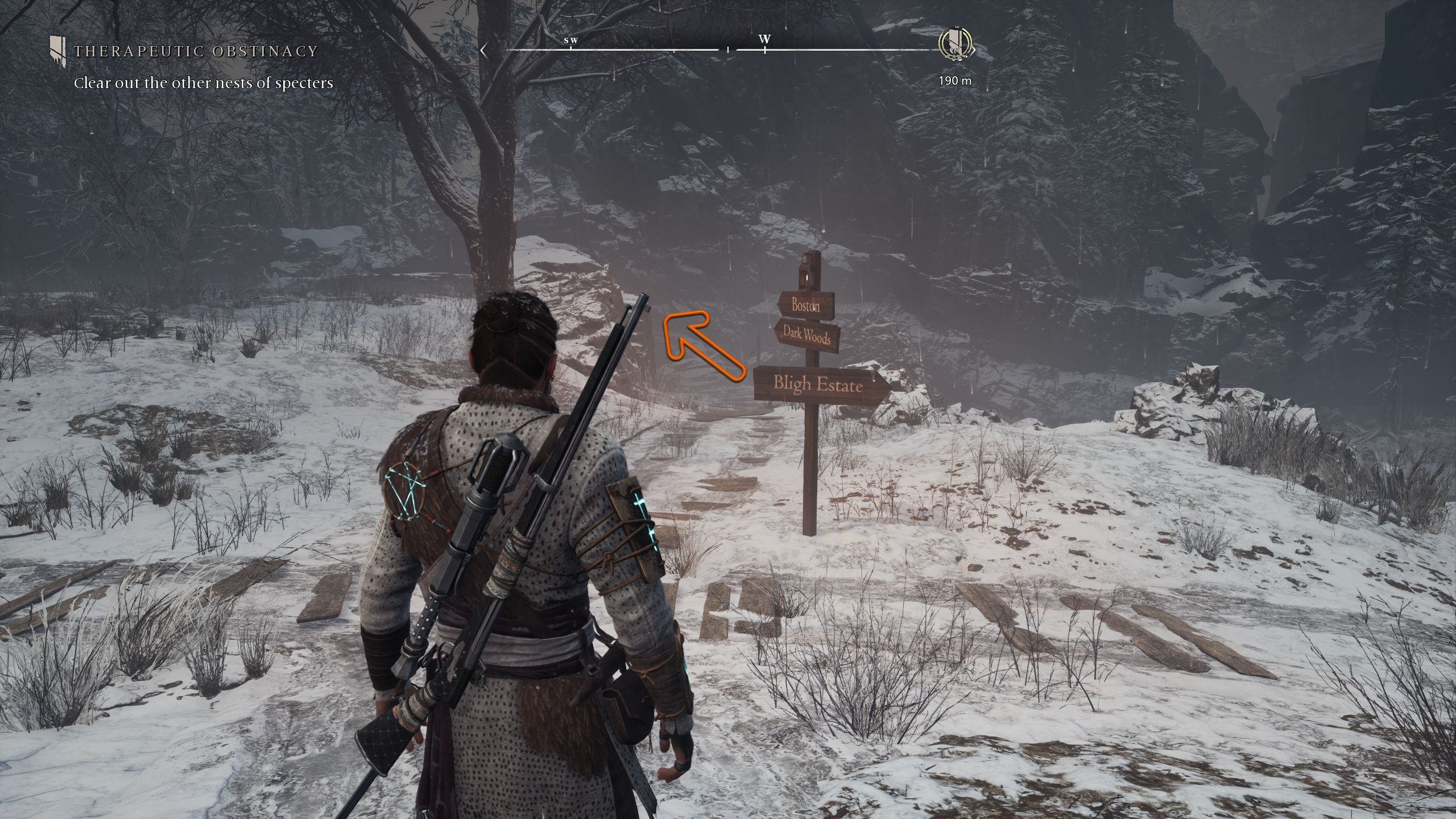 An arrow showing the route to The Bligh Manor Stolen Effects chest - Banishers Ghosts of New Eden