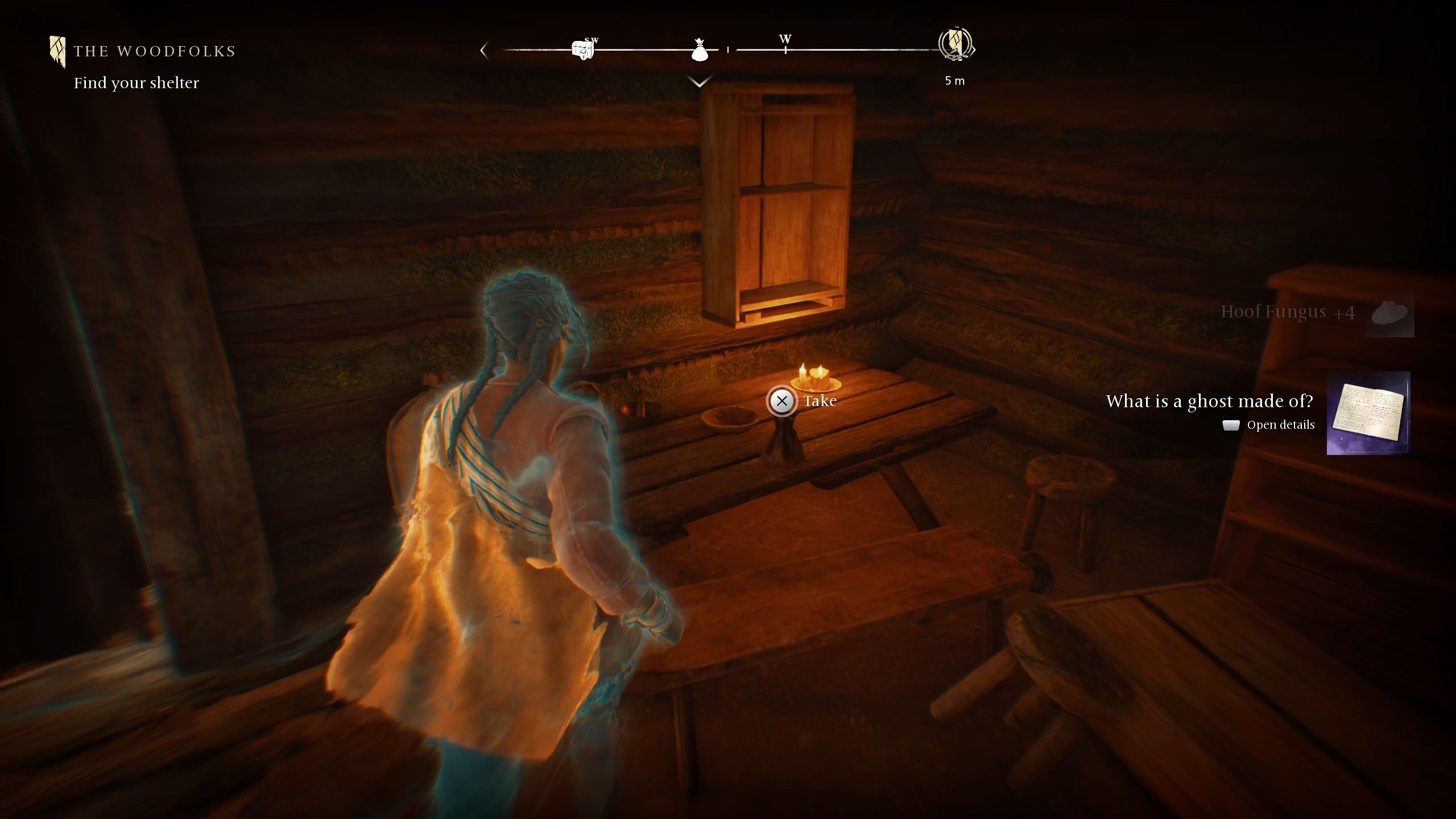 Antea is about to pick up the key to Trapper Reserves locked chest from the table - Banishers Ghosts of New Eden