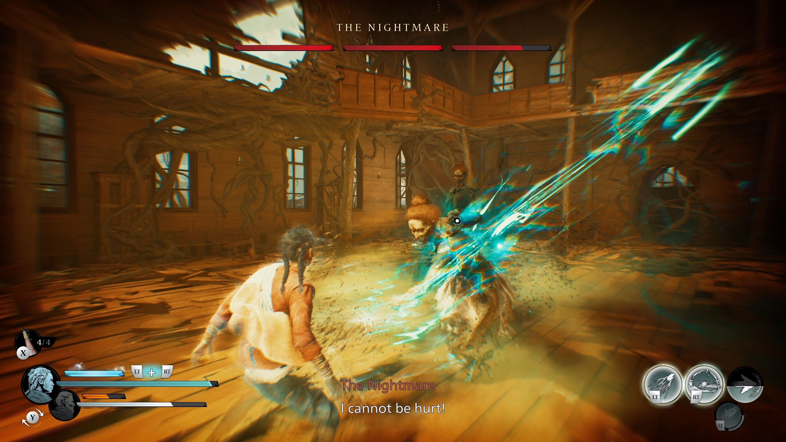 Antea is dodging the melee attack from the Nightmare - Banishers Ghosts of New Eden