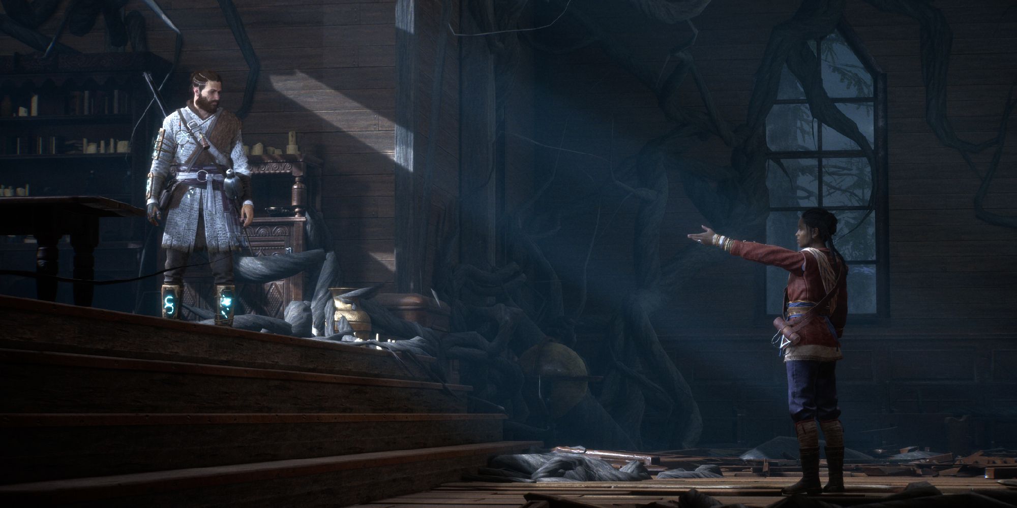 Antea is holding her hand up as Red is looking at her - Banishers Ghosts of New Eden
